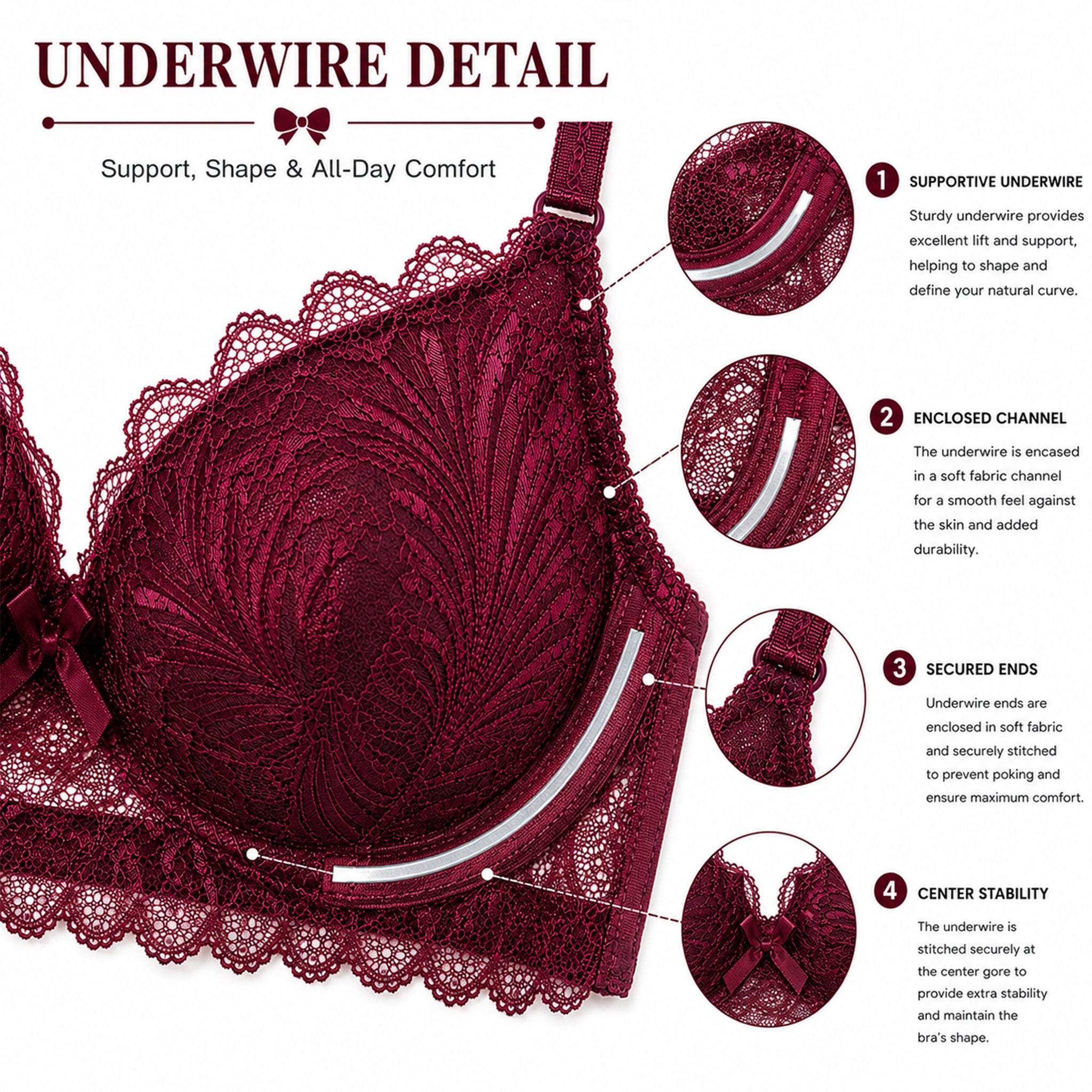 Women's Burgundy Floral Lace Lightly Padded Underwired Bra & Panty Lingerie Set