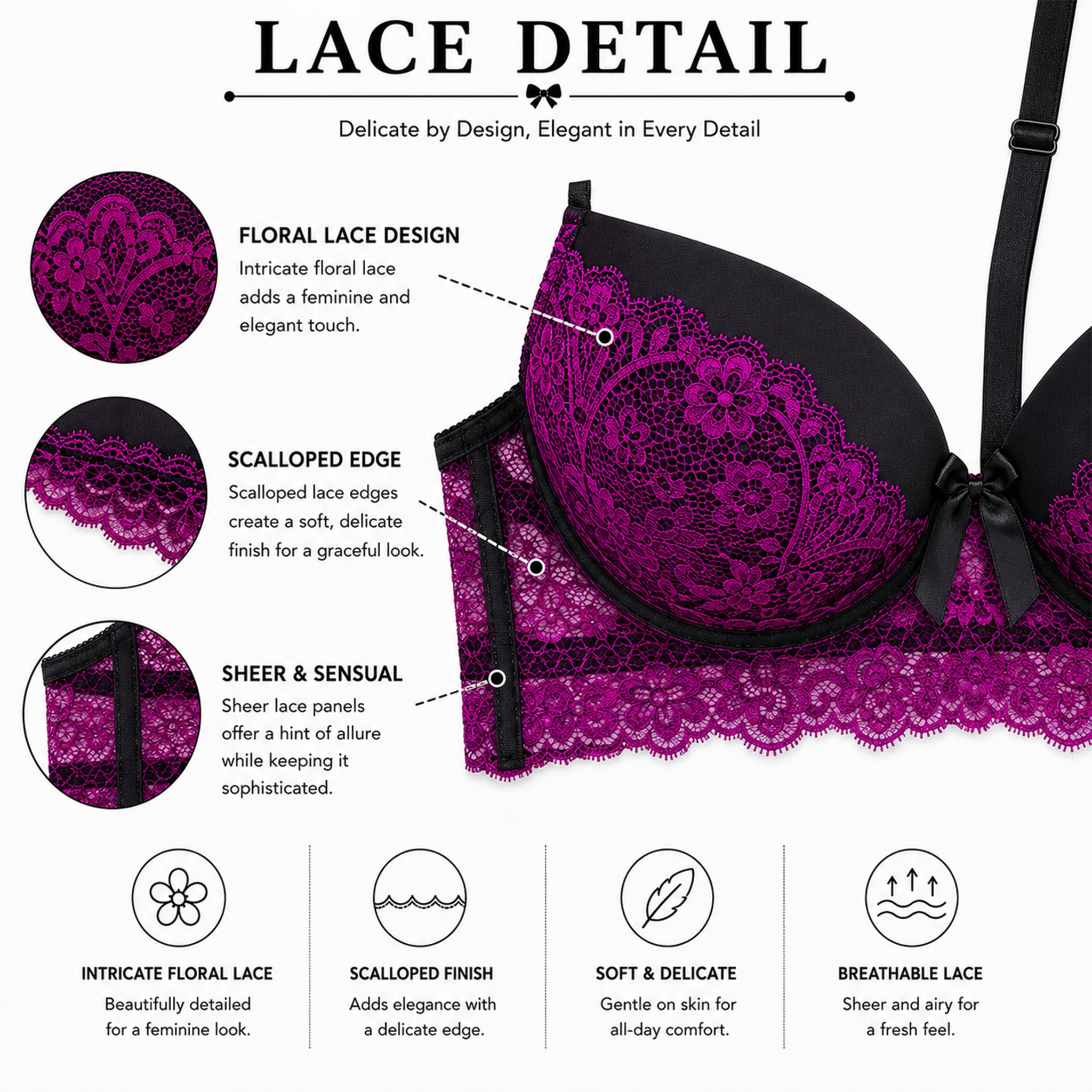 Women's Black & Purple Lace Lightly Padded Underwired Bra & Panty Lingerie Set