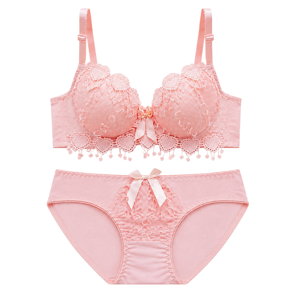 Women's Pink Floral Lace Lightly Padded Bra & Matching Panty Lingerie Set