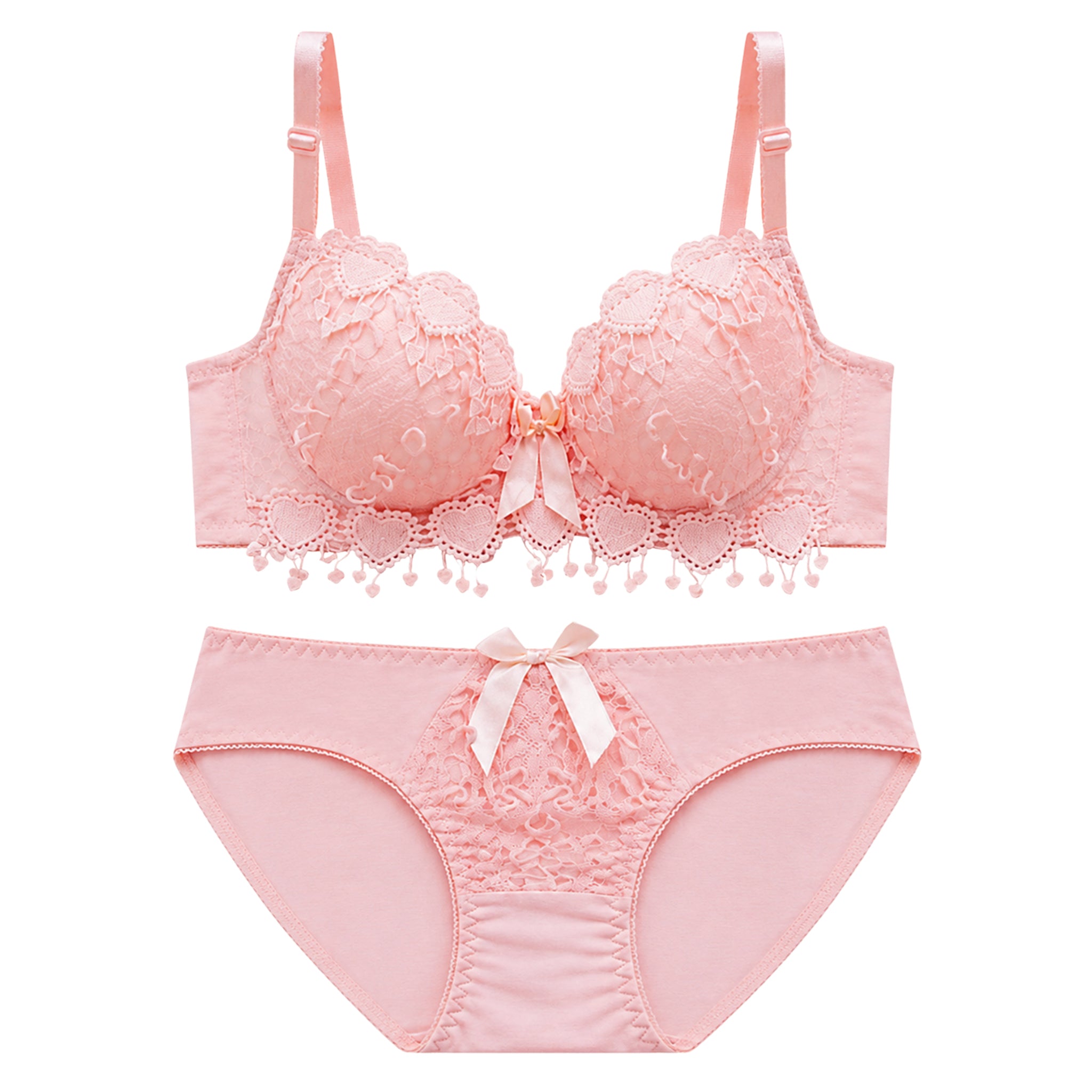 Women's Pink Floral Lace Lightly Padded Bra & Matching Panty Lingerie Set