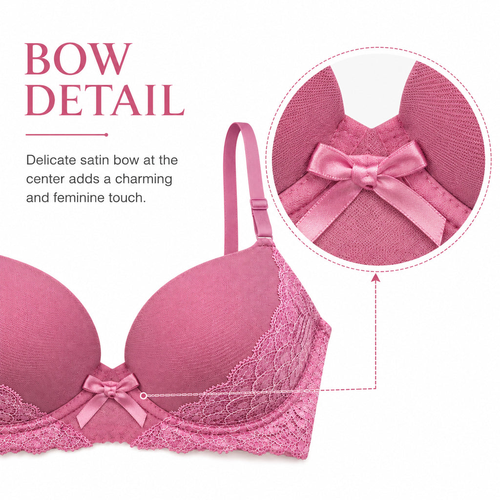 Women's Premium Pink Self-Design Floral Lace Underwired Heavily Padded Medium Coverage Bra with Adjustable Straps
