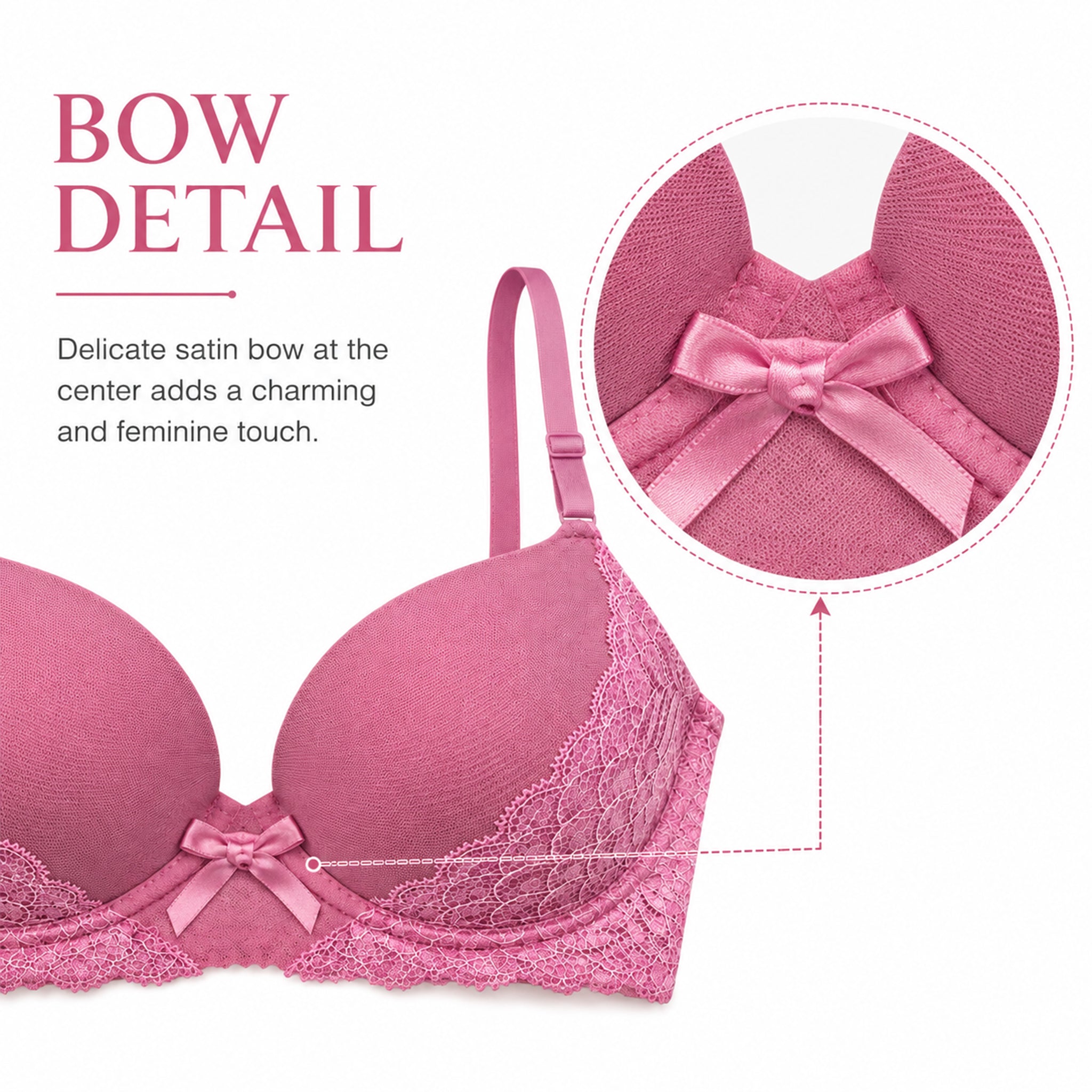 Women's Premium Pink Self-Design Floral Lace Underwired Heavily Padded Medium Coverage Bra with Adjustable Straps