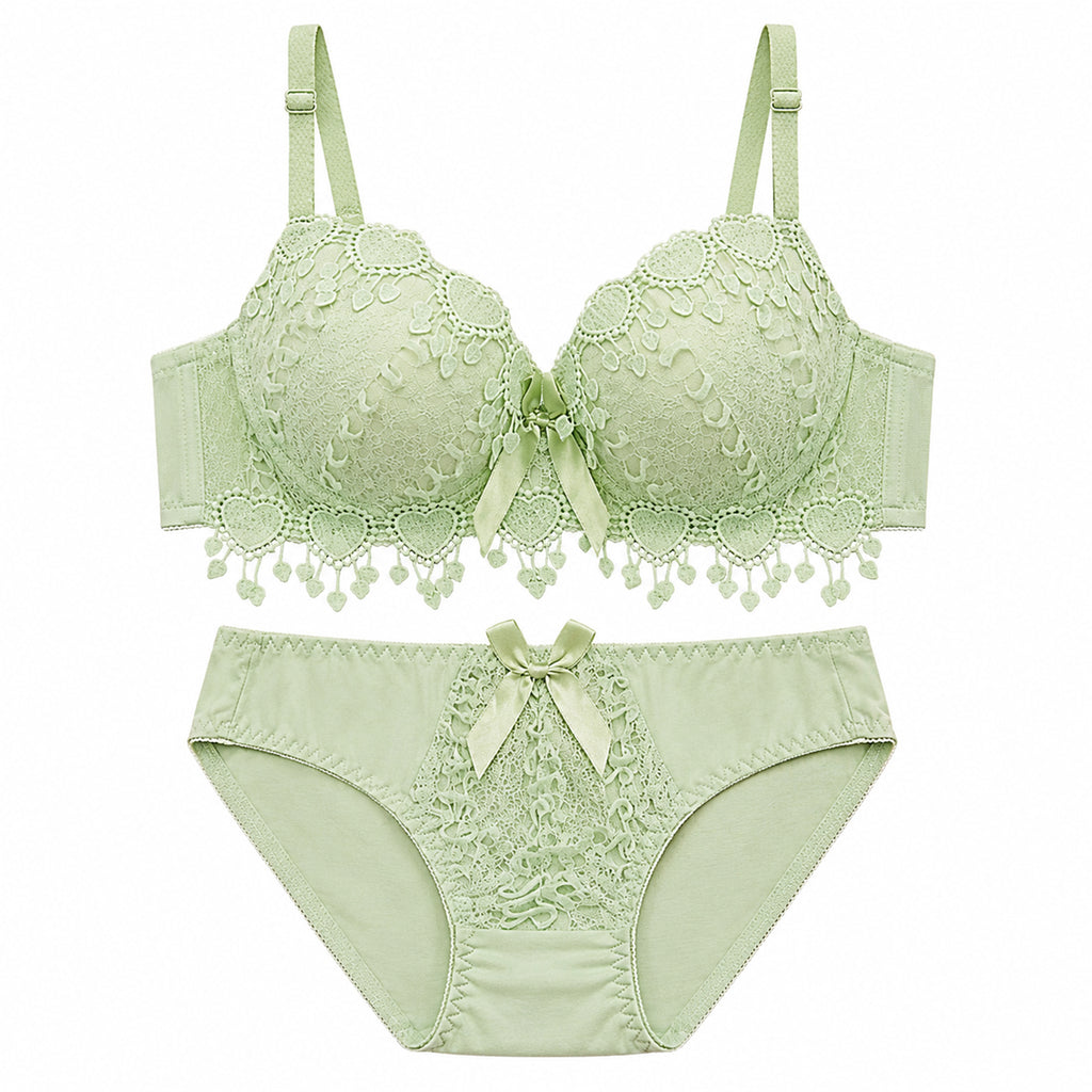 Women's Green Floral Lace Lightly Padded Bra & Matching Panty Lingerie Set