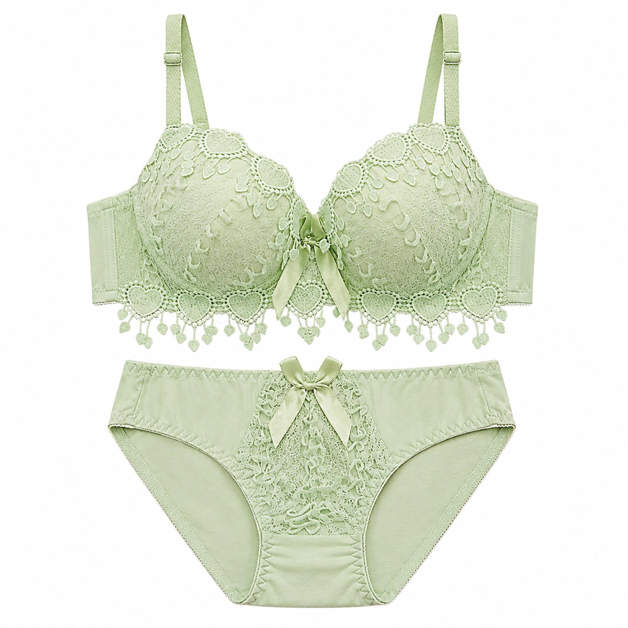 Women's Green Floral Lace Lightly Padded Bra & Matching Panty Lingerie Set