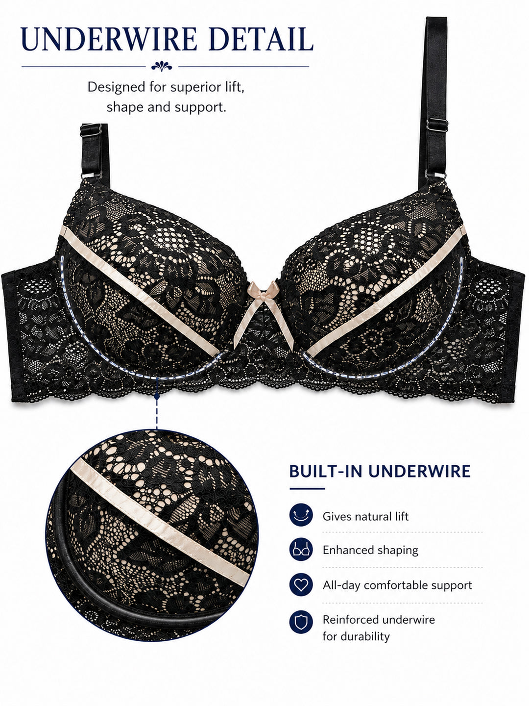 Secret Lives Women's Floral Lace Underwired Heavily Padded Bra – Medium Coverage, Enhanced Lift & Support