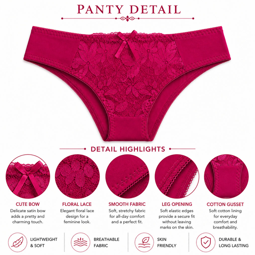Women's Floral Lace Thong Panty – Soft Stretch, Breathable & Comfortable Everyday Wear - Dark Pink