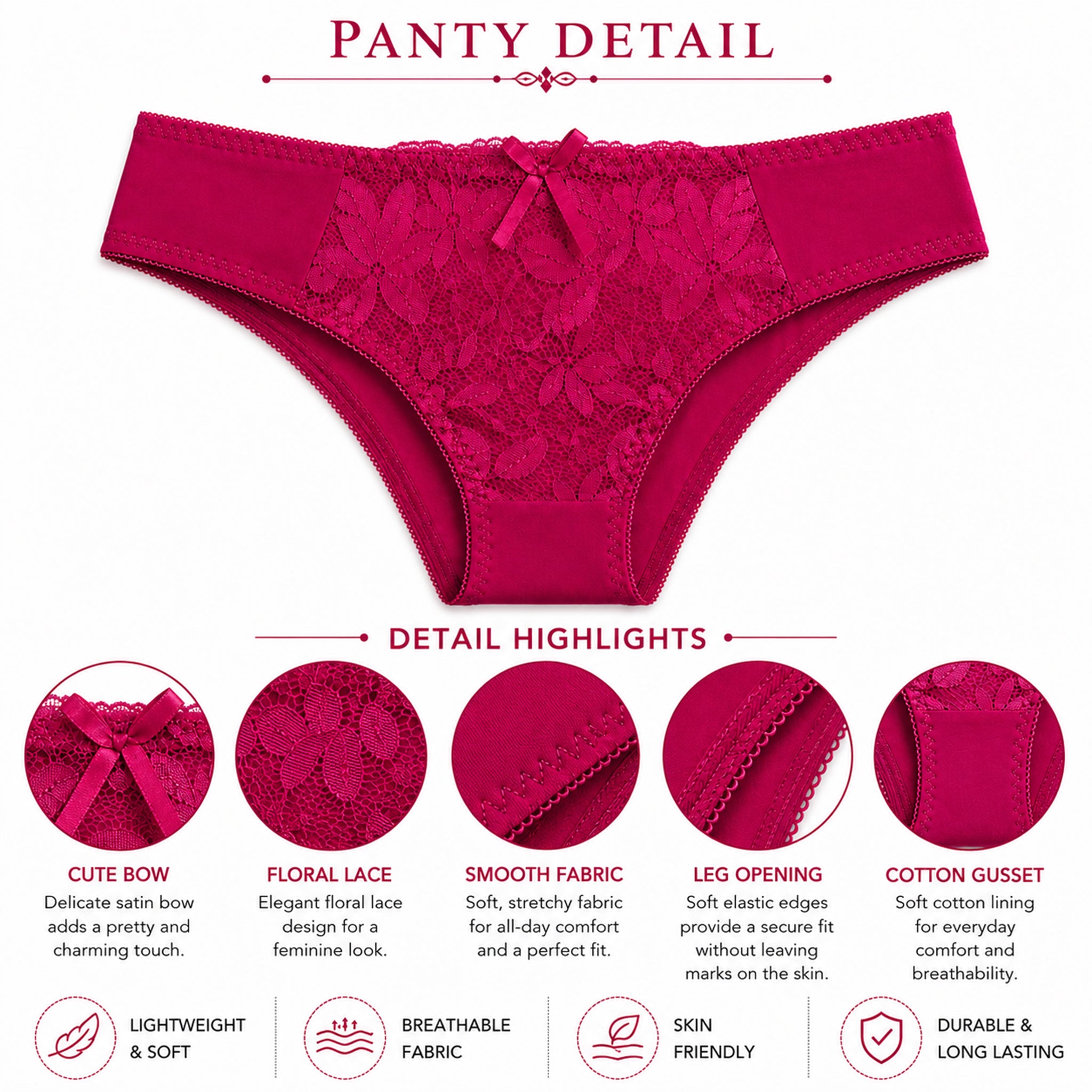 Women's Floral Lace Thong Panty – Soft Stretch, Breathable & Comfortable Everyday Wear - Dark Pink