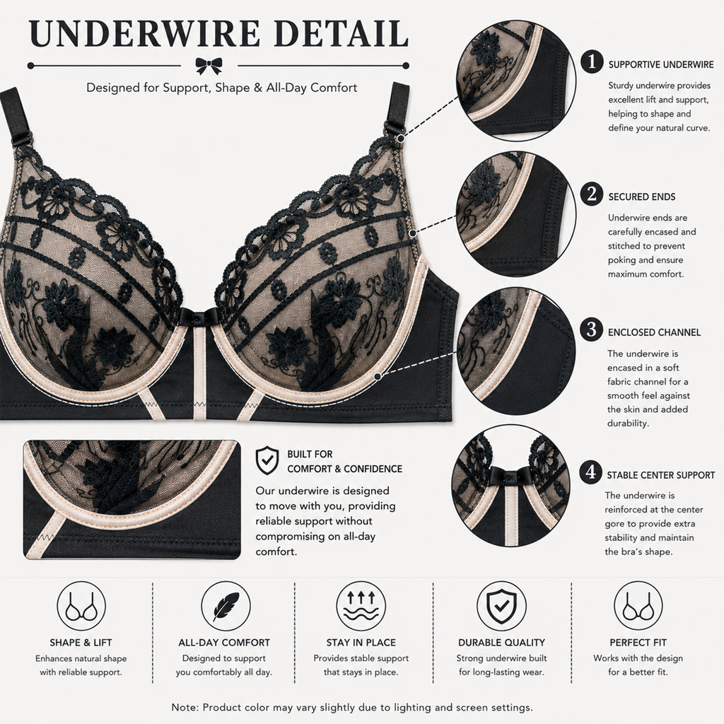 Women's Black Sheer Embroidered Lace Underwired Bra with Comfortable Full Coverage