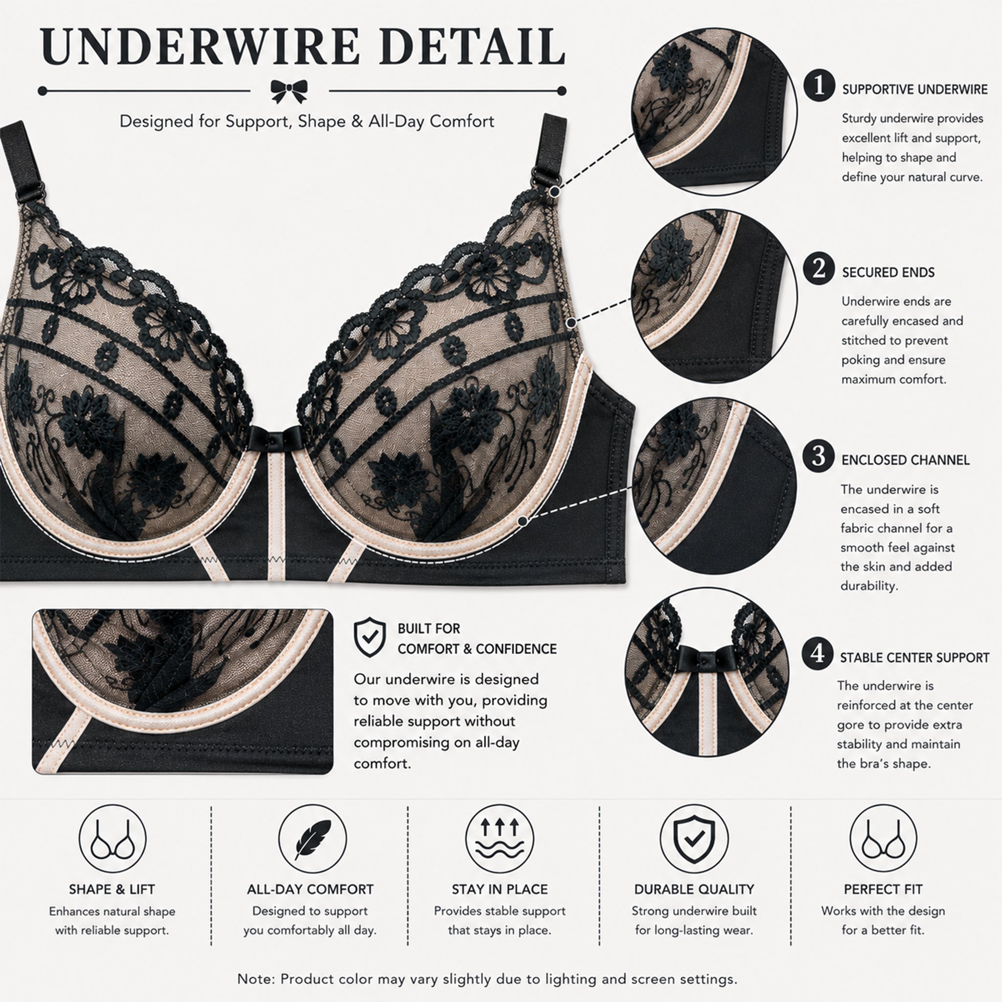 Women's Black Sheer Embroidered Lace Underwired Bra with Comfortable Full Coverage