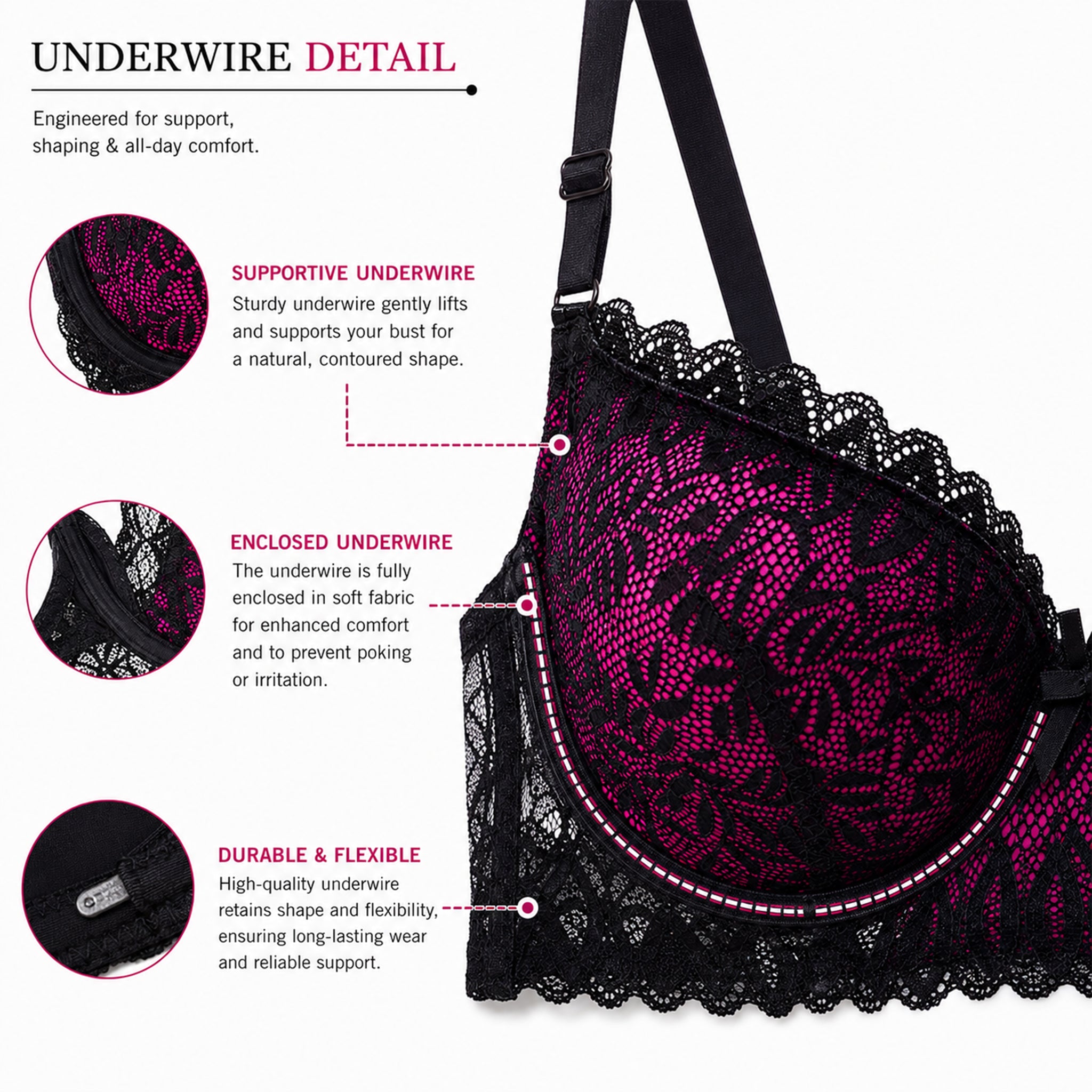 Women's Pink & Black Floral Lace Padded Underwired Bra & Thong Lingerie Set