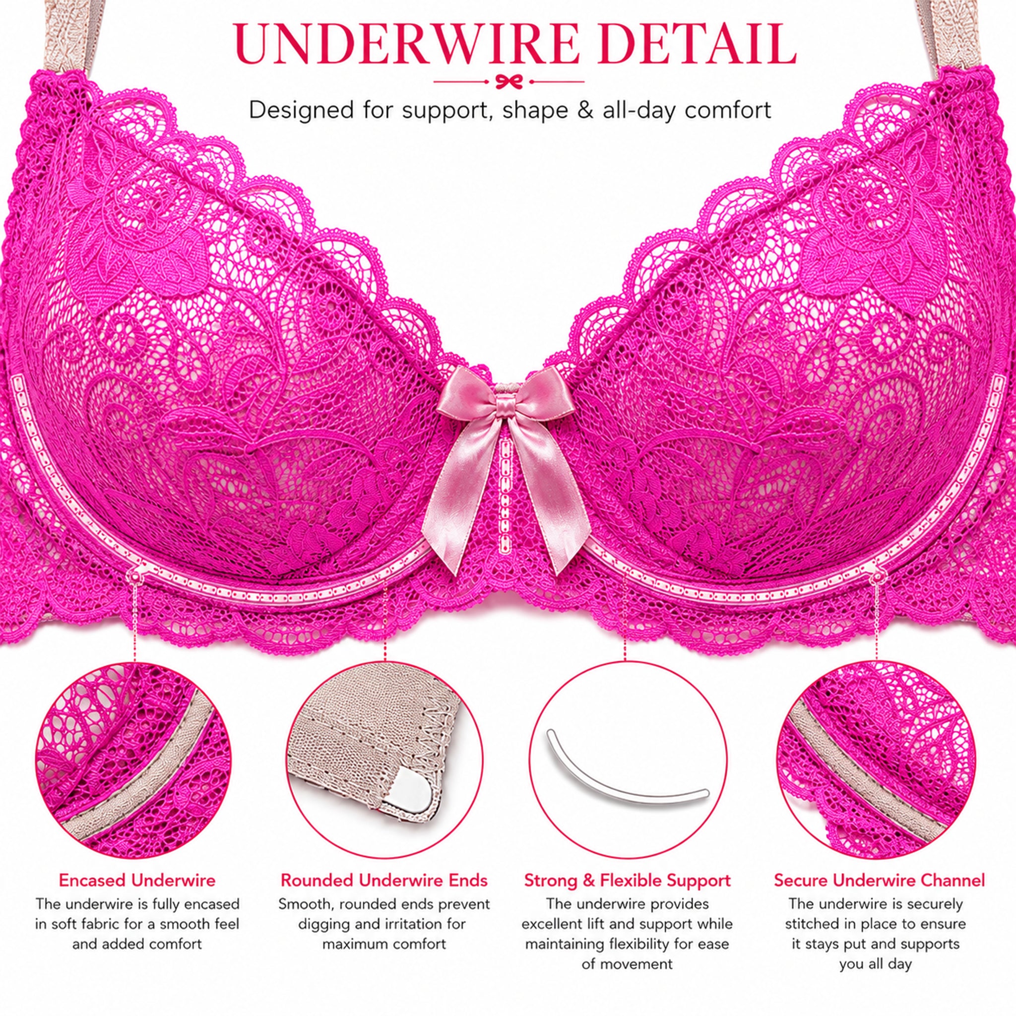 Women's Floral Lace Heavy Padded Underwired Bra & Thong Lingerie Set - Dark Pink