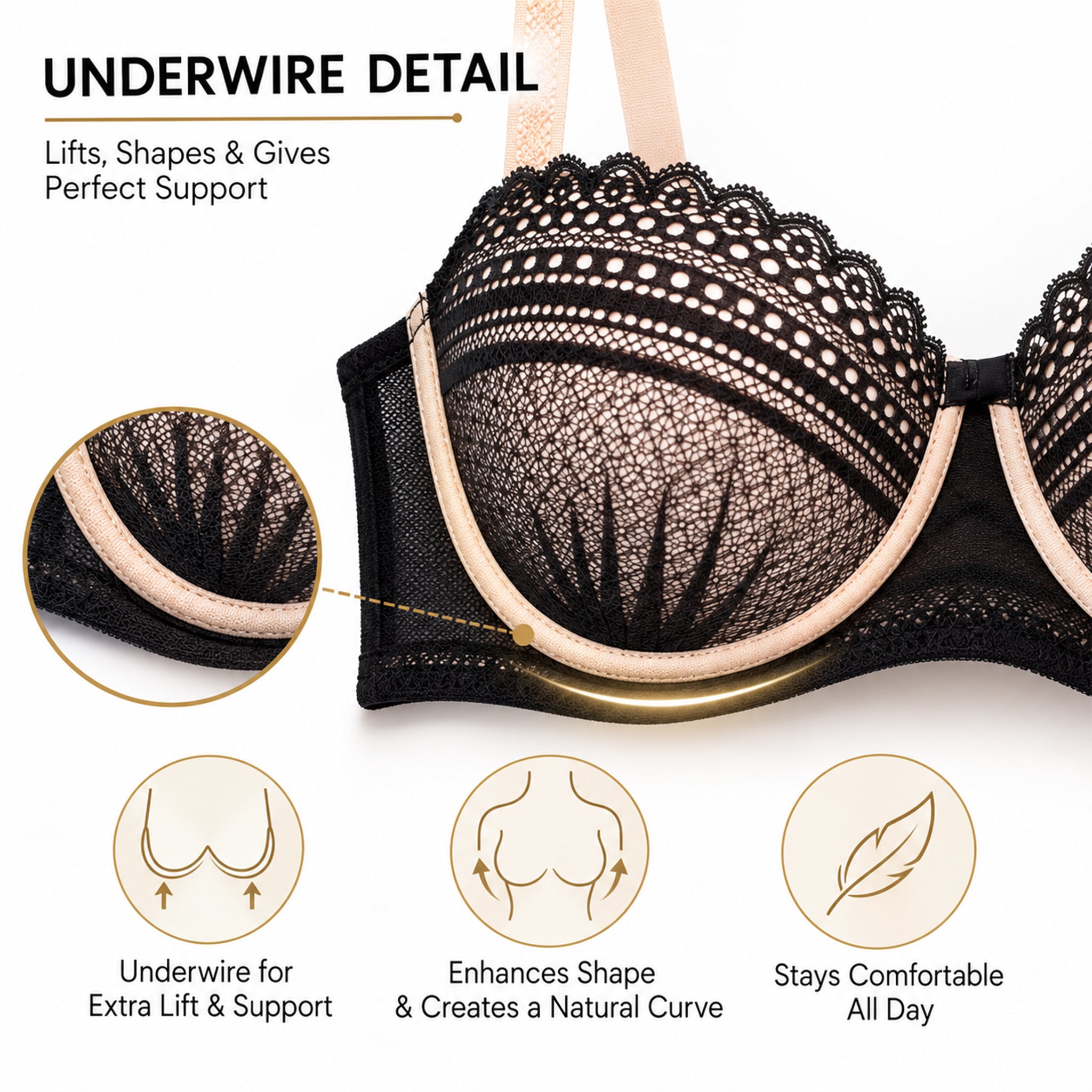Women’s Lace Heavily Padded Underwired Bra & Mid-Rise Panty Lingerie Set – Biege & Black