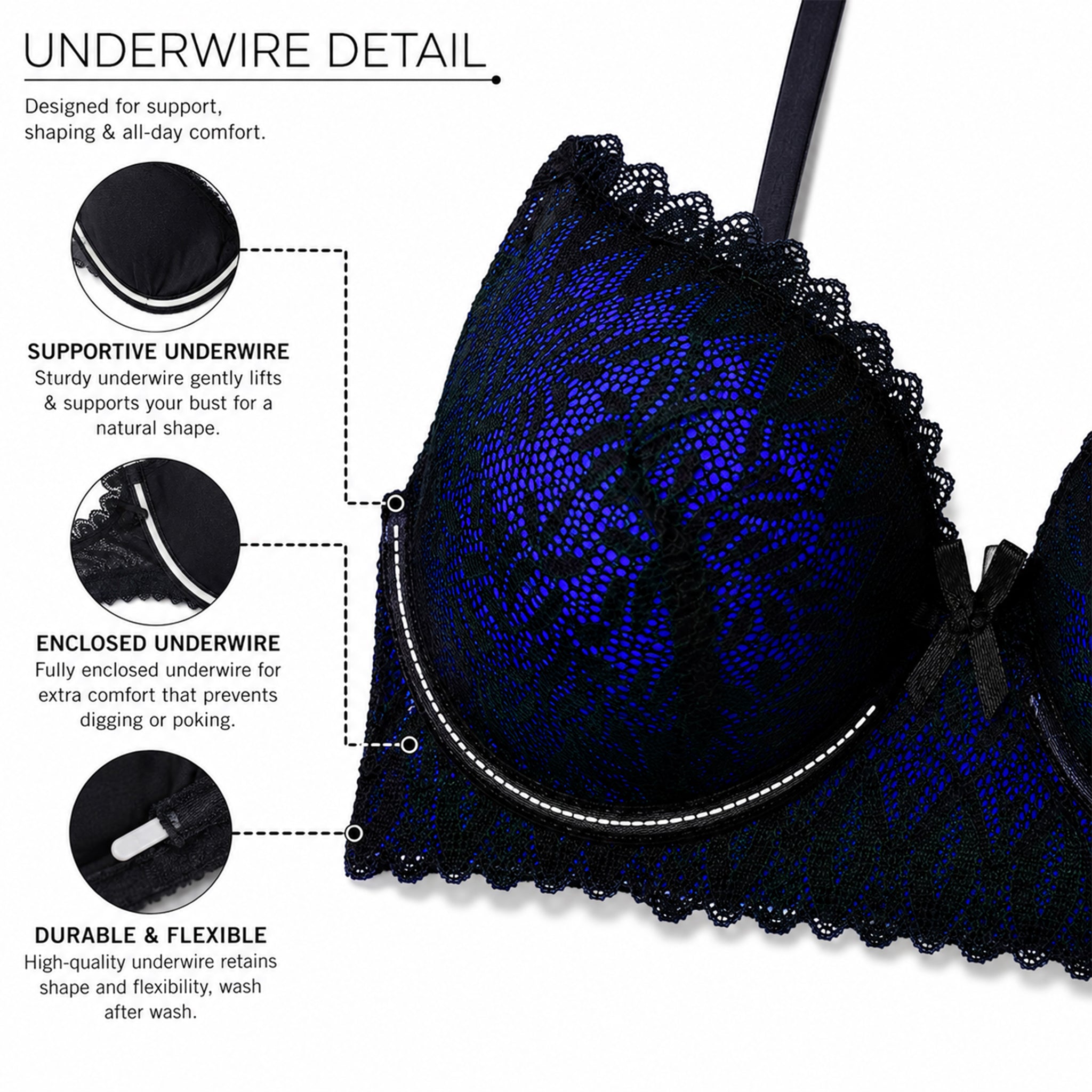 Women's Blue & Black Lace Padded Underwired Bra with Comfortable Full Coverage