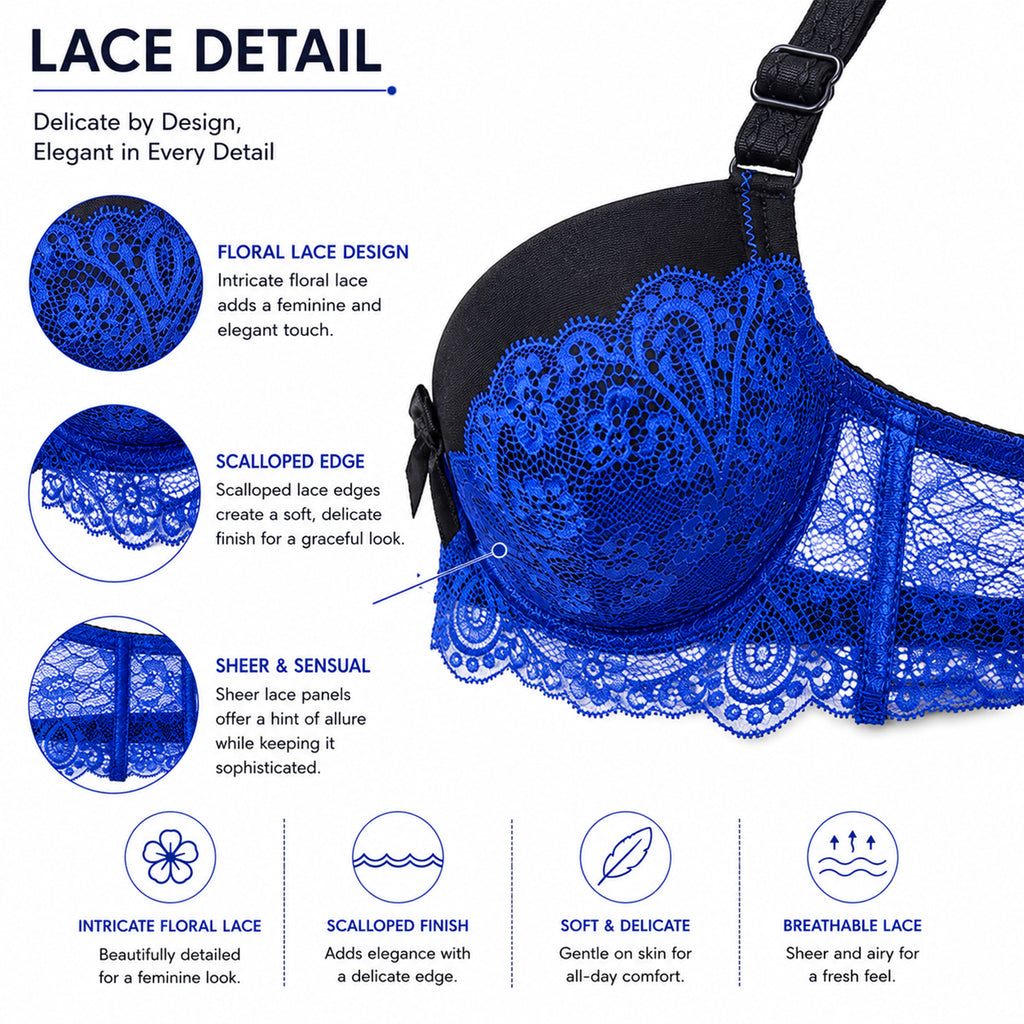 Women's Black & Royal Blue Floral Lace Padded Underwired Bra with Comfortable Full Coverage