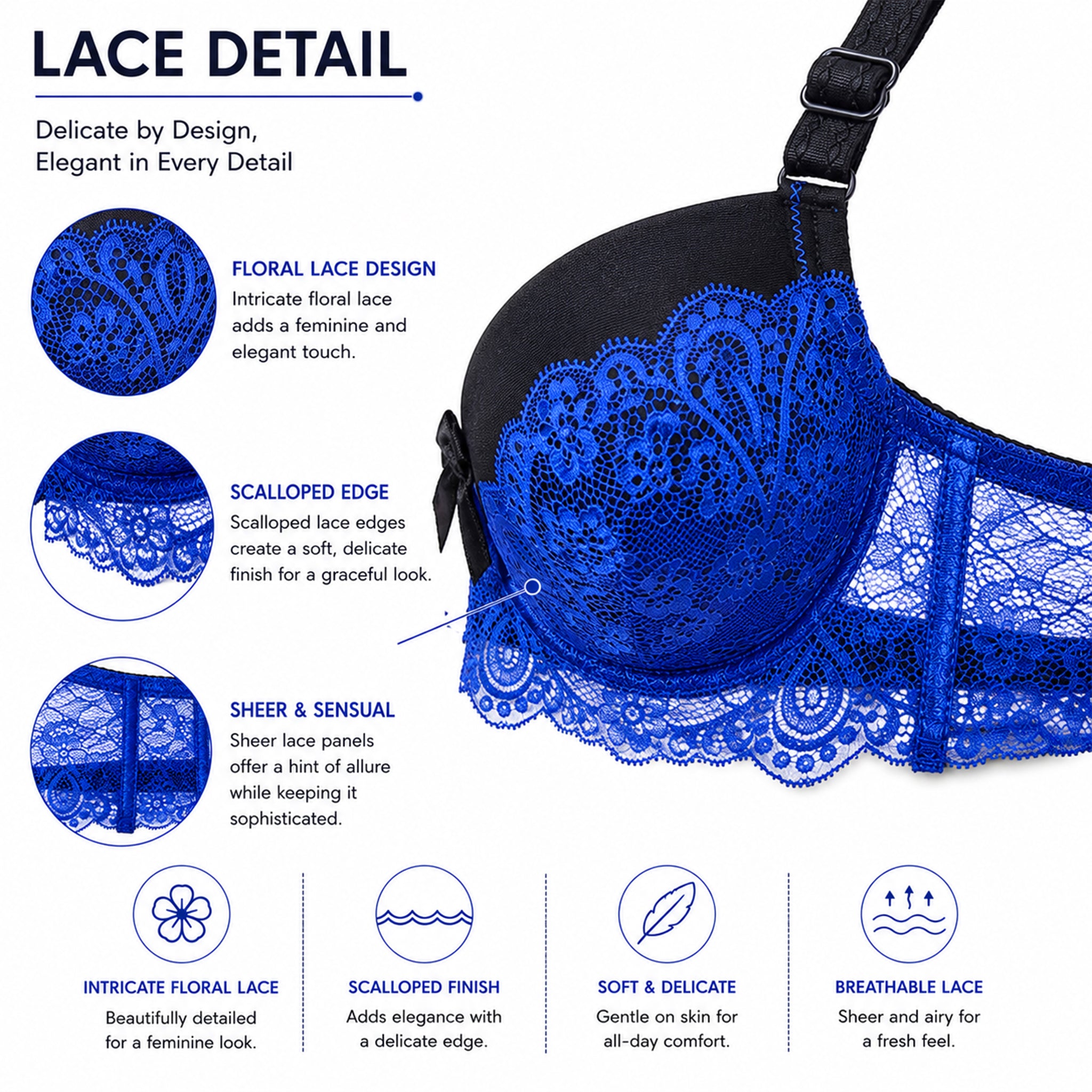Women's Black & Royal Blue Floral Lace Padded Underwired Bra with Comfortable Full Coverage