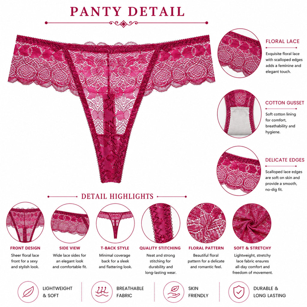 Women's Floral Lace Thong Panty – Soft Stretch, Breathable & Comfortable Everyday Wear - Maroon