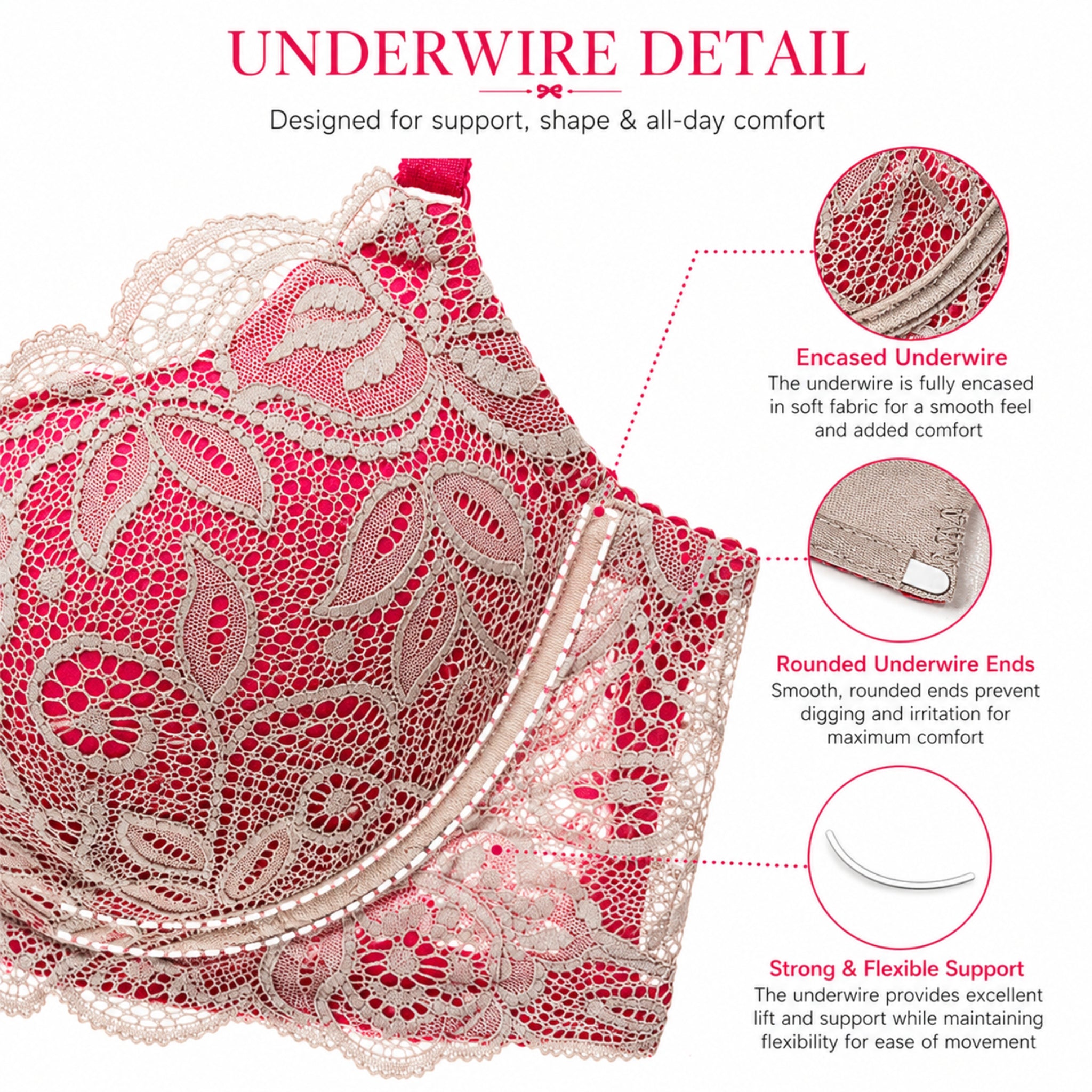 Women's White & Red Floral Lace Heavy Padded Underwired Bra with Comfortable Full Coverage