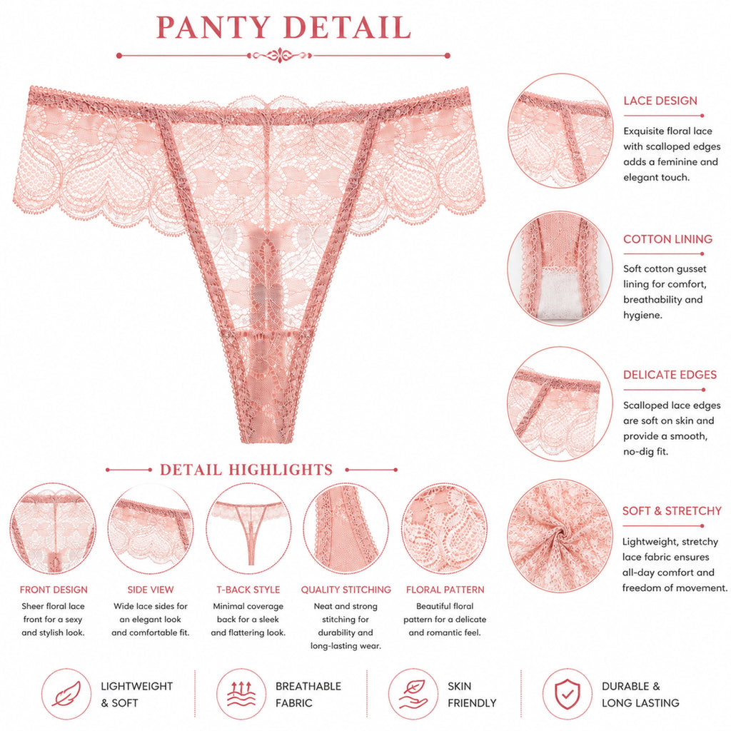 Women's Floral Lace Thong Panty – Soft Stretch, Breathable & Comfortable Everyday Wear - Peach
