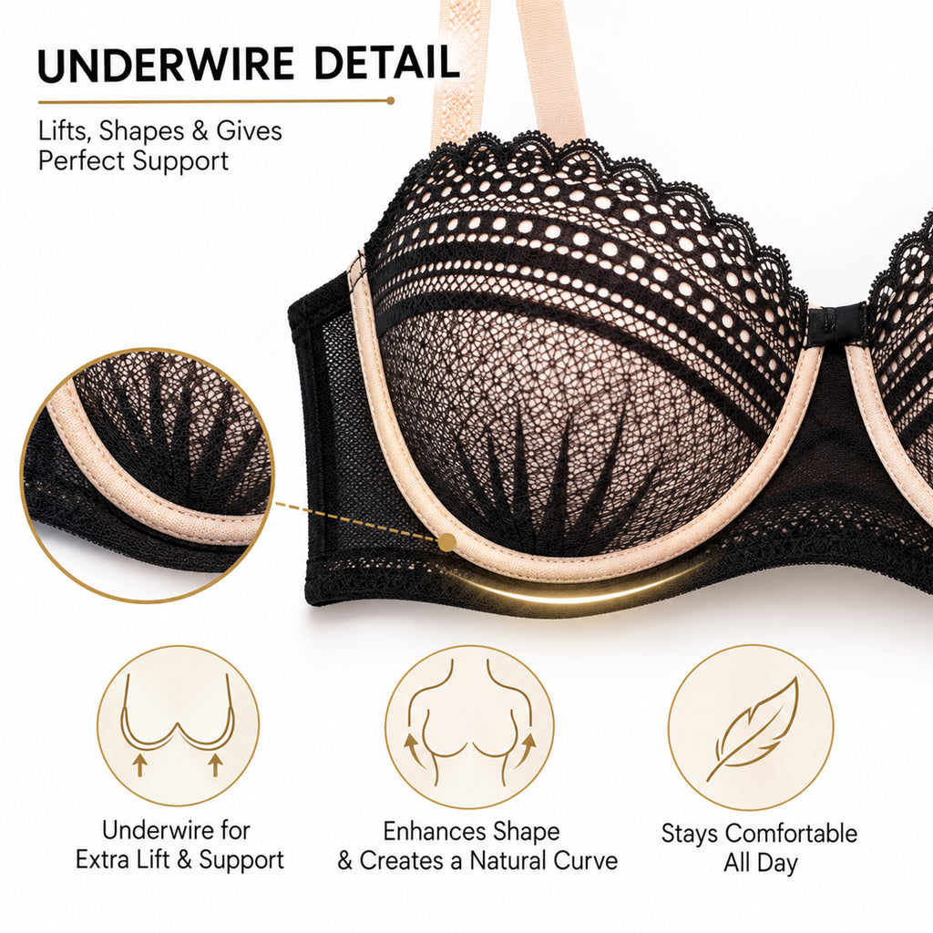 Women's Black & Biege Lace Padded Underwired Bra with Comfortable Full Coverage