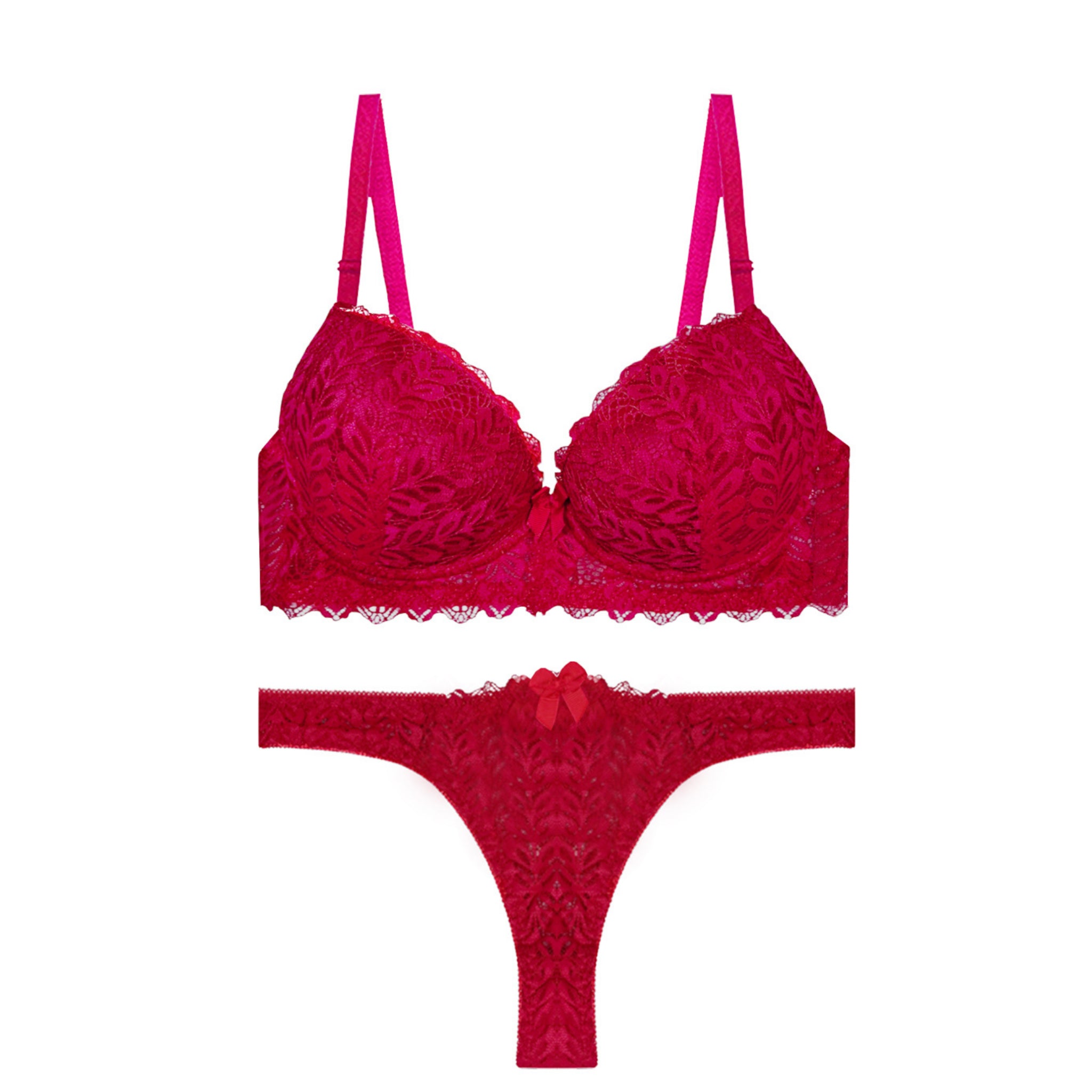 Women’s Floral Lace Underwired Padded Bra & Thong Lingerie Set – Red
