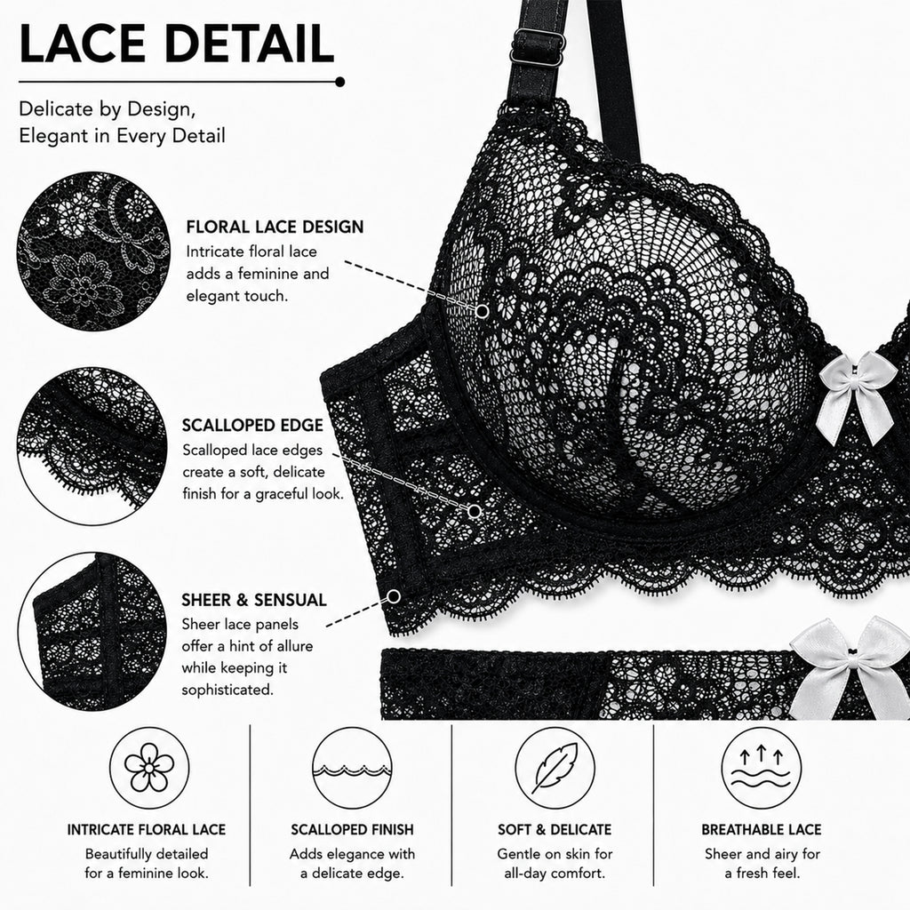 Women’s Self Design Lace Underwired Bra & Bikini Panty Lingerie Set –  Black & White