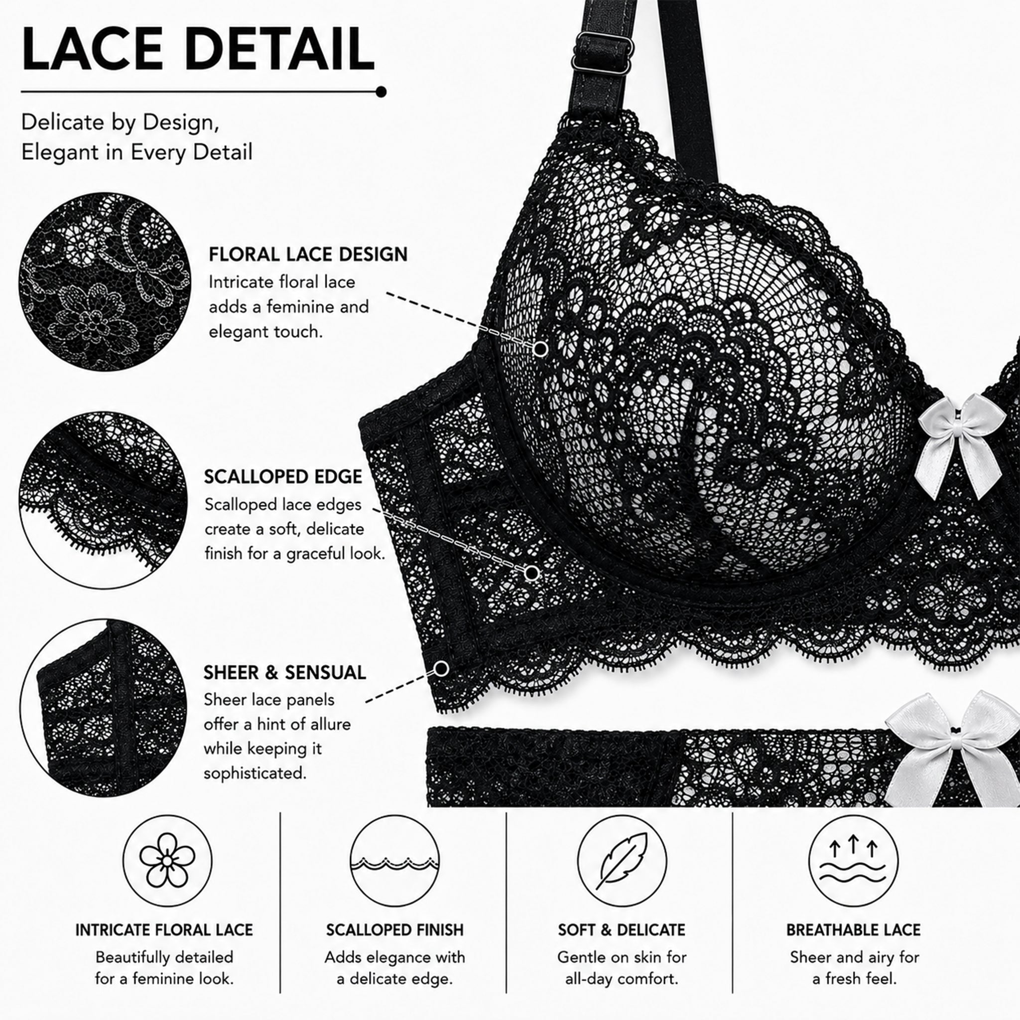 Women’s Self Design Lace Underwired Bra & Bikini Panty Lingerie Set –  Black & White