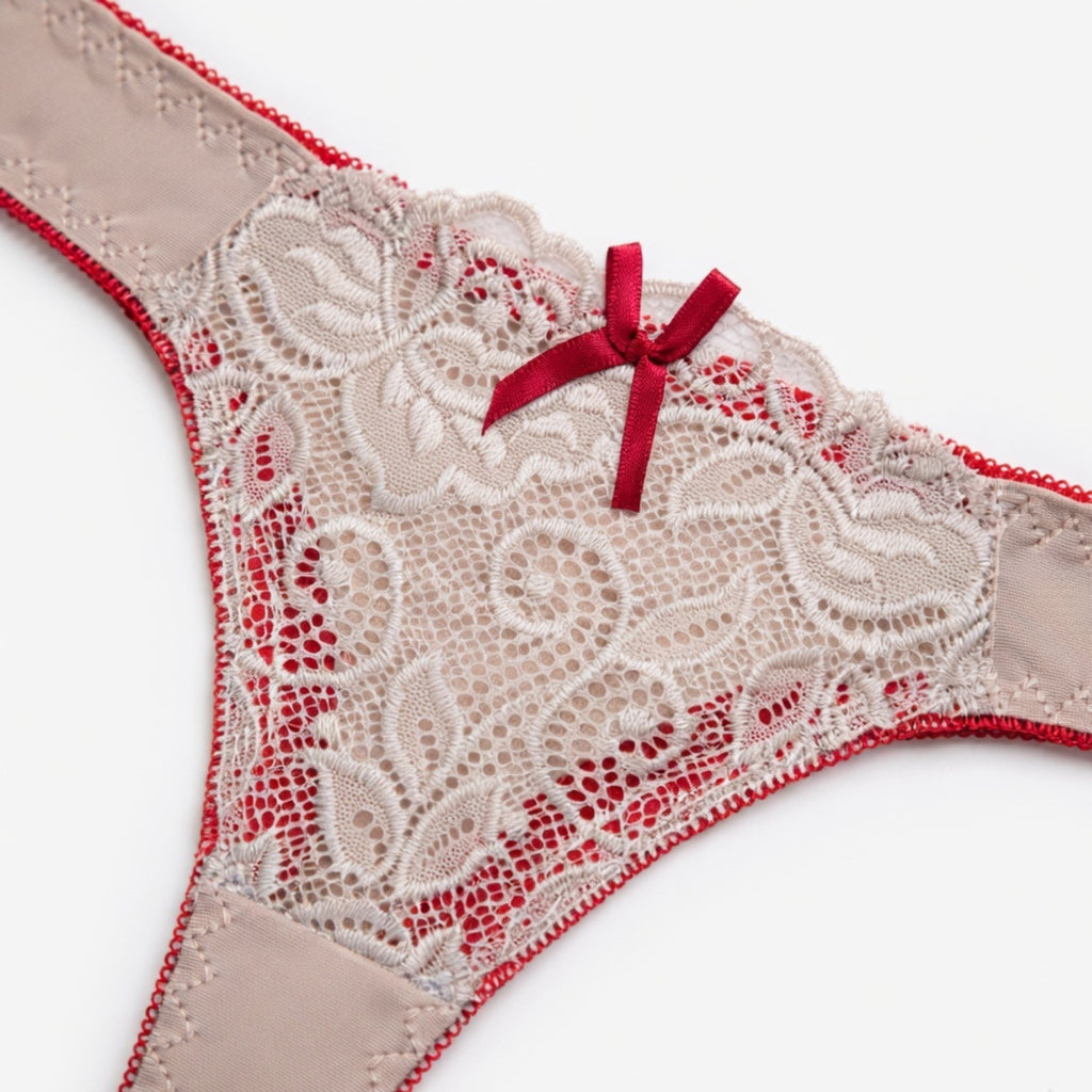 Women's Floral Lace Heavy Padded Underwired Bra & Thong Lingerie Set - White & Red
