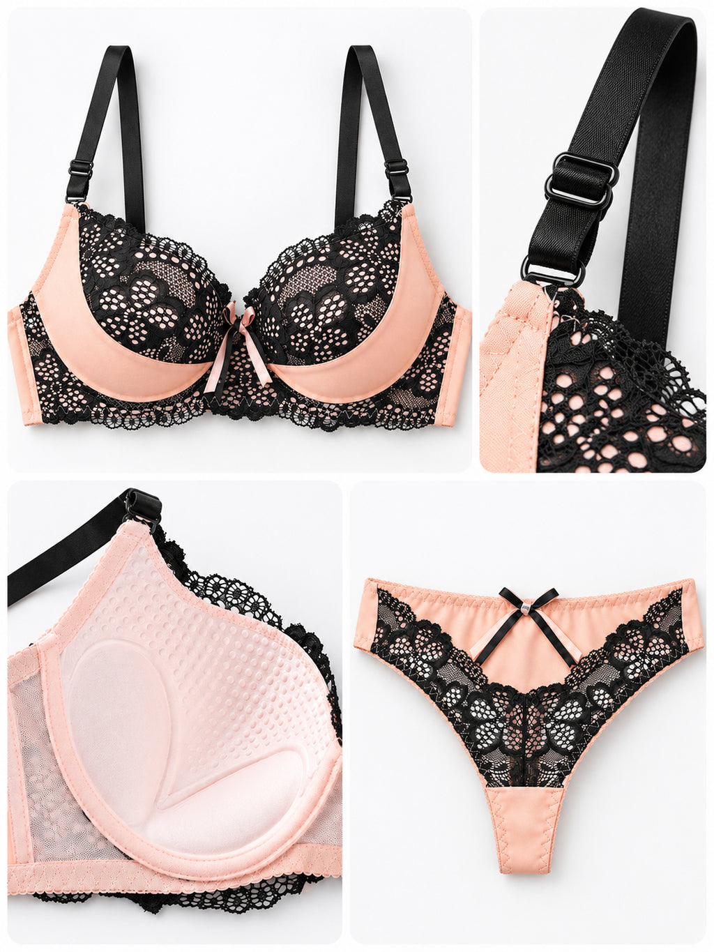 Women's Pink & Black Lace Underwired Heavily Padded Bra & Panty Set
