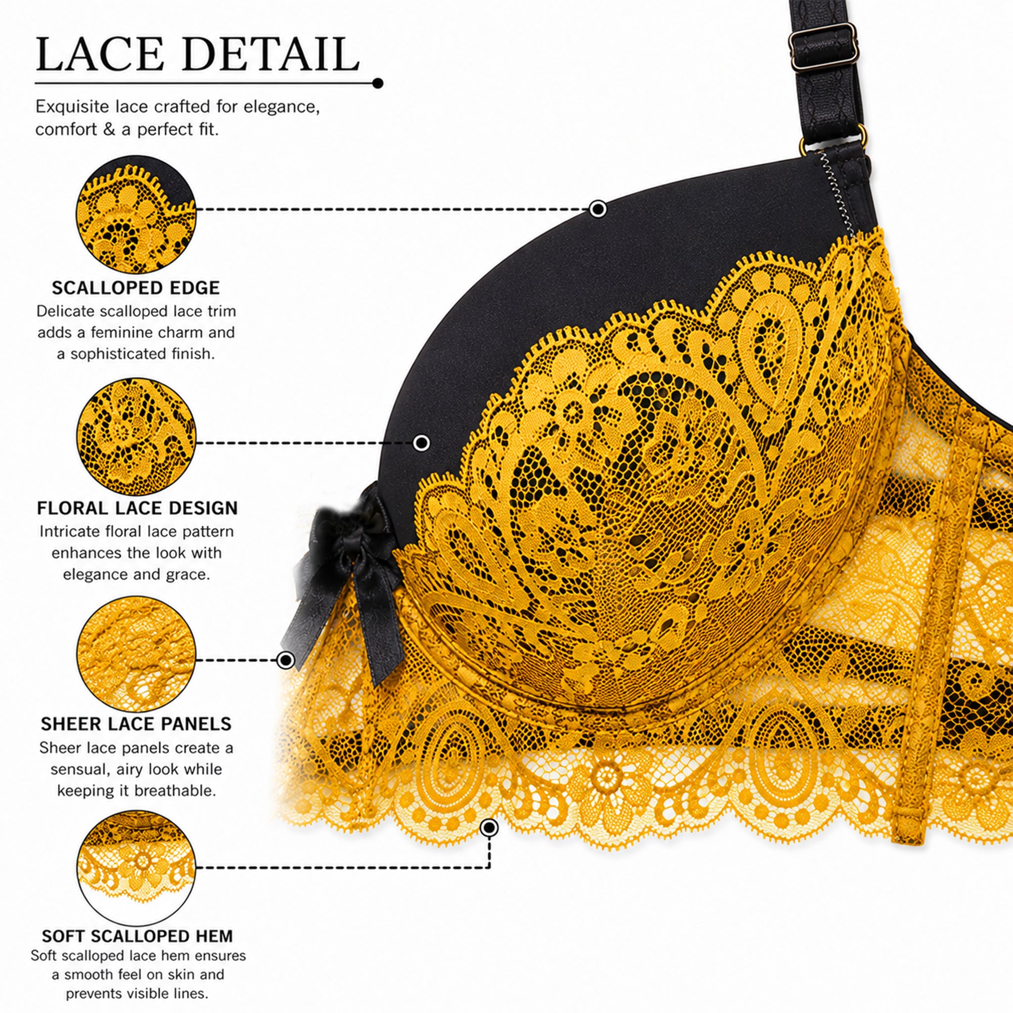 Women's Black & Yellow Floral Lace Padded Underwired Bra with Comfortable Full Coverage