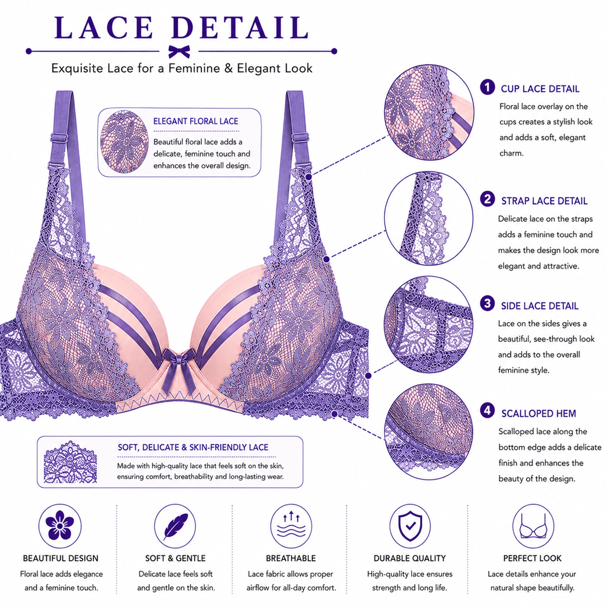 Women's Dusty Purple & Blush Pink Floral Lace Padded Bra & Bikini Panty Lingerie Set