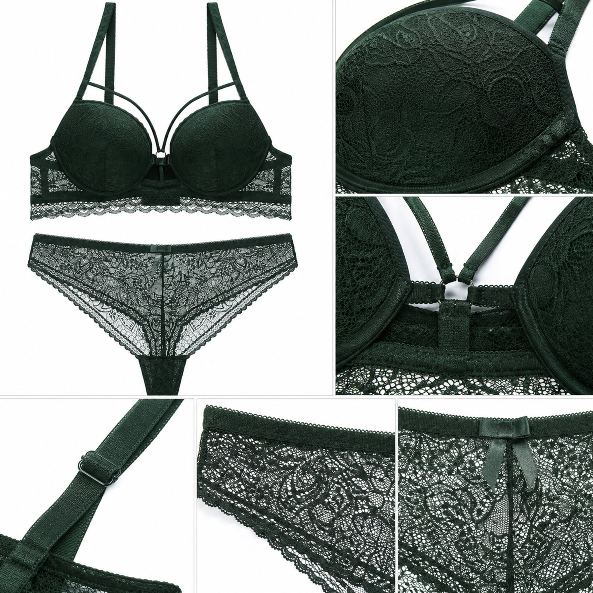 Women’s Lace Underwired Padded Bra & High-Waist Panty Lingerie Set – Emerald Green
