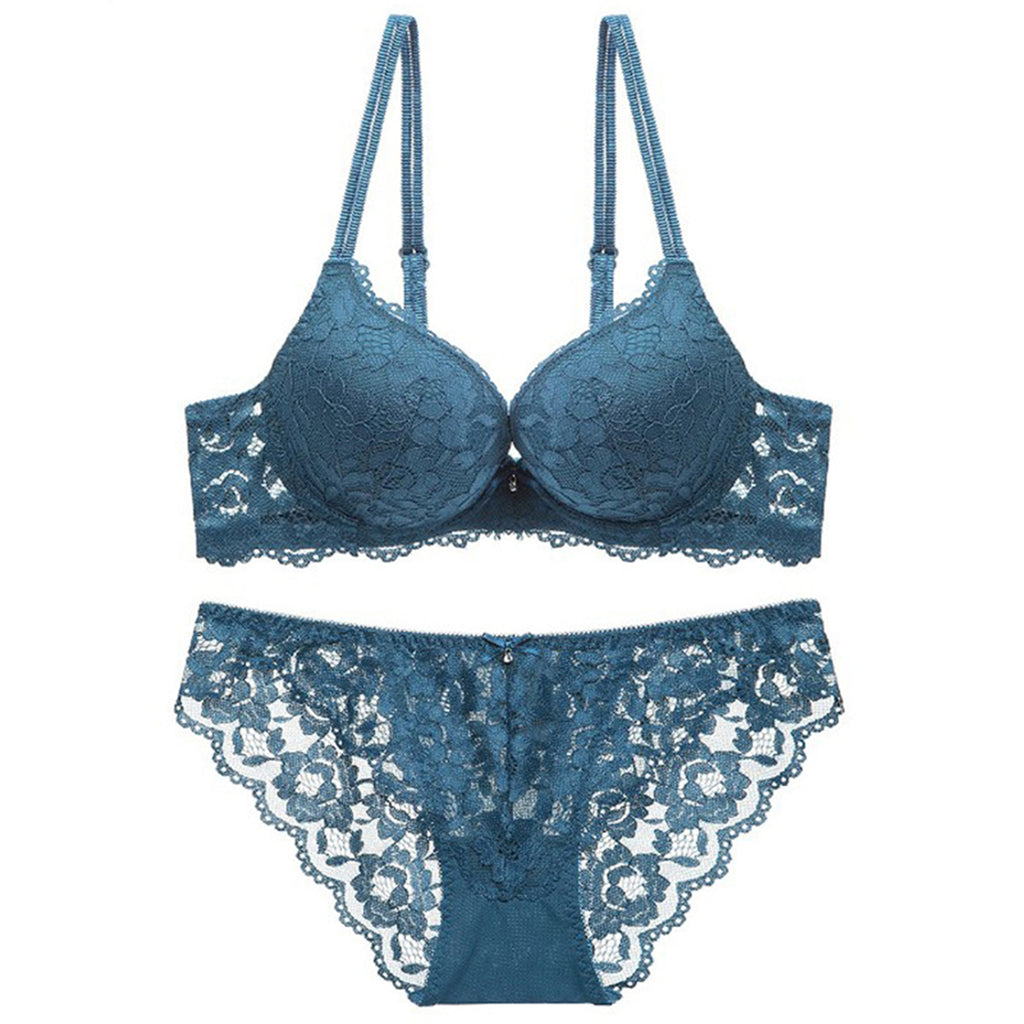 Women's Green Floral Lace Padded Underwired Bra & Panty Lingerie Set