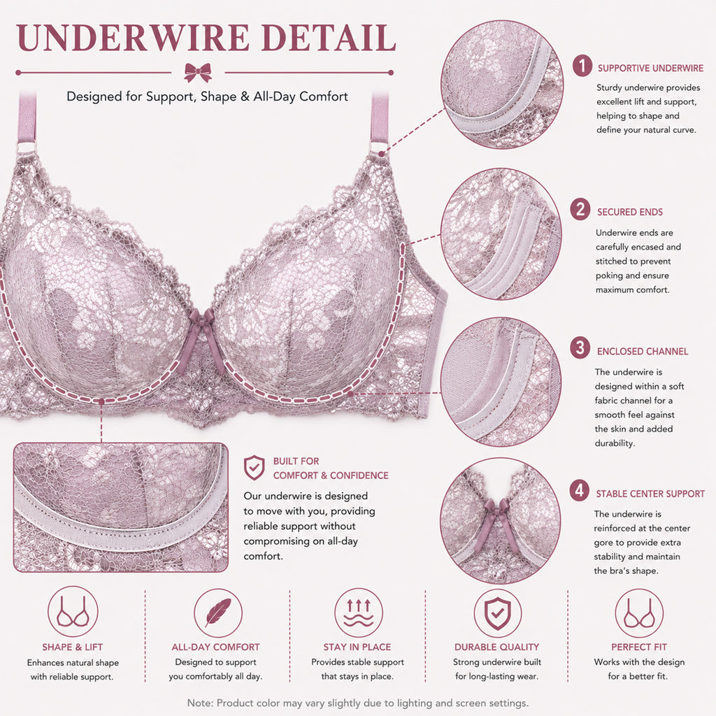 Women's Lavender Floral Lace Padded Underwired Bra with Comfortable Full Coverage
