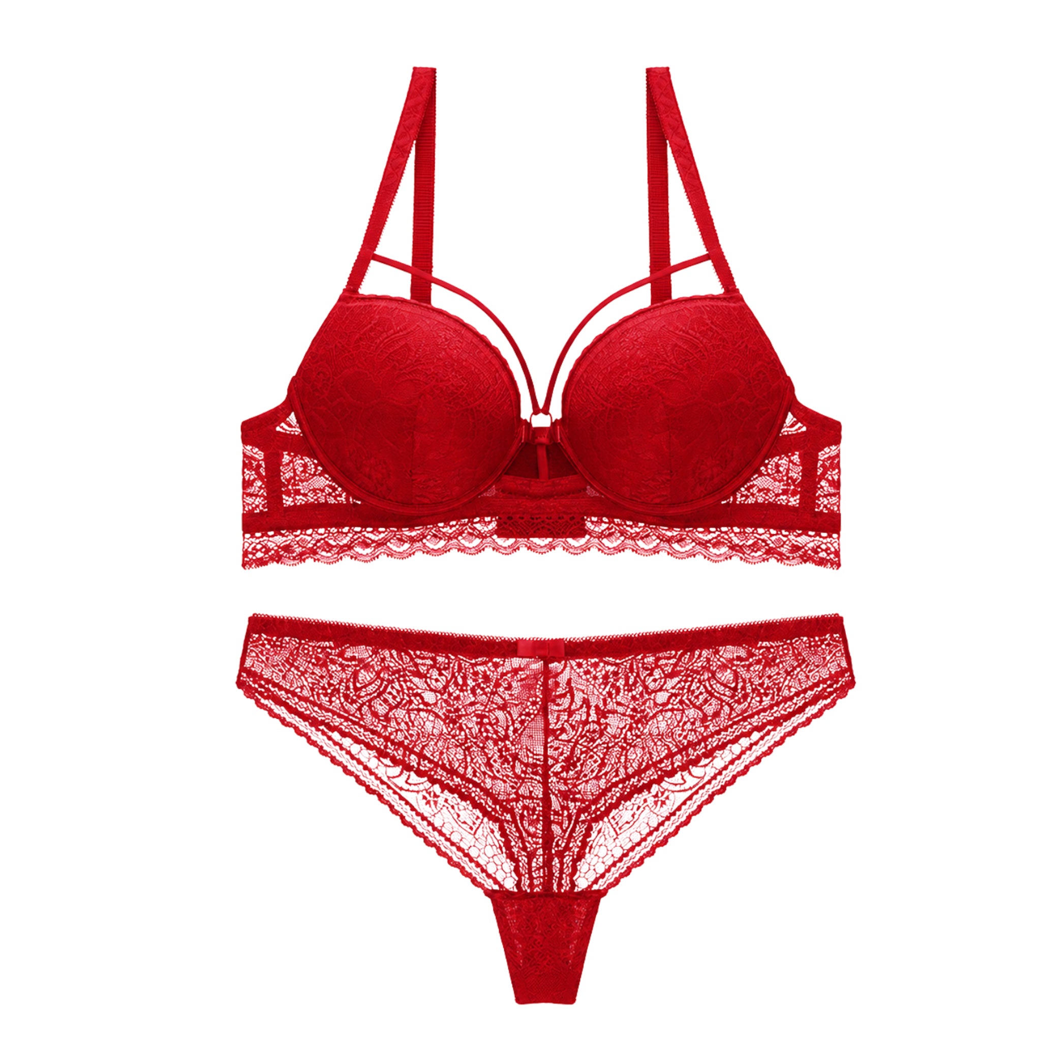 Women’s Lace Underwired Padded Bra & High-Waist Panty Lingerie Set – Red