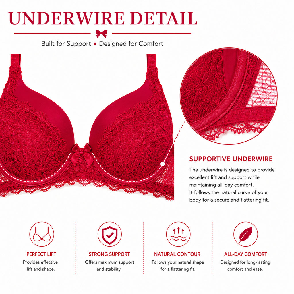 Women's Cherry Red Floral Lace Padded Underwired Bra with Comfortable Full Coverage