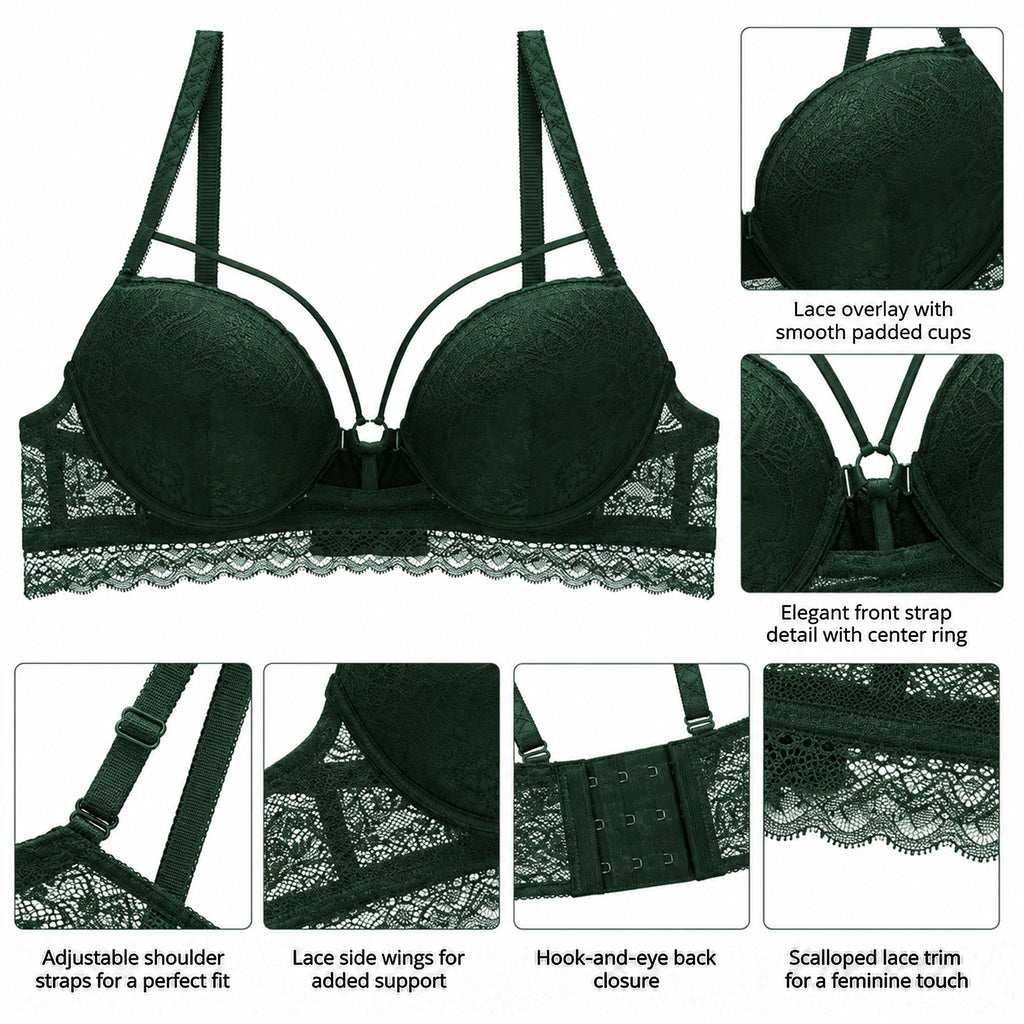 Women's Floral Lace Padded Underwired Bra with Comfortable Full Coverage -  Emerald Green