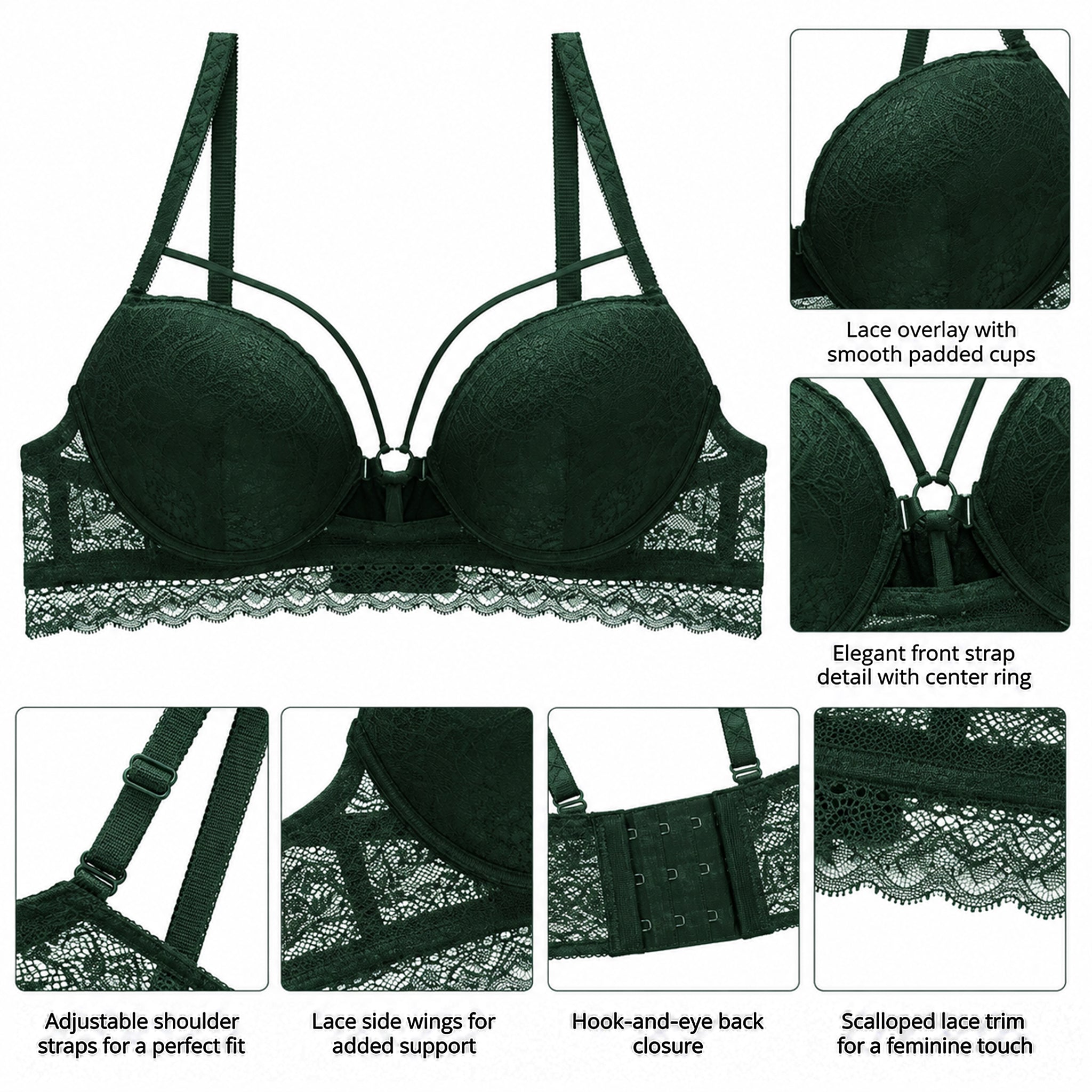 Women's Floral Lace Padded Underwired Bra with Comfortable Full Coverage -  Emerald Green