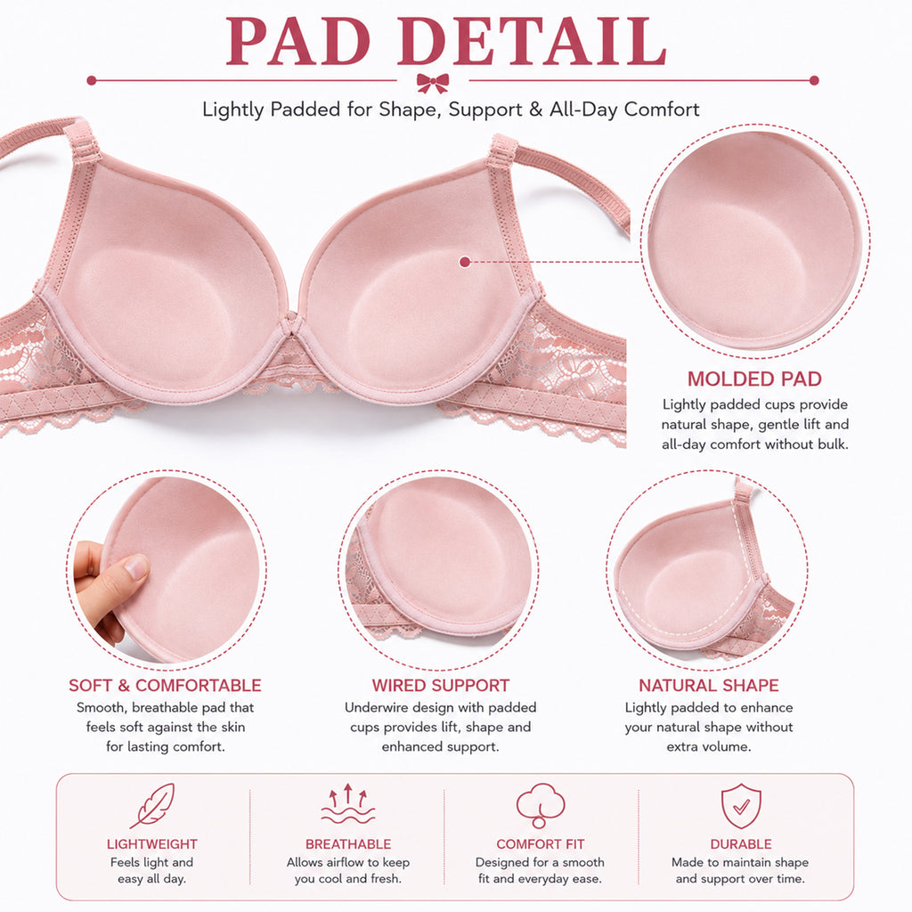Women’s Full Coverage Heavily Padded Underwired Bra & Thong Lingerie Set – Baby Pink