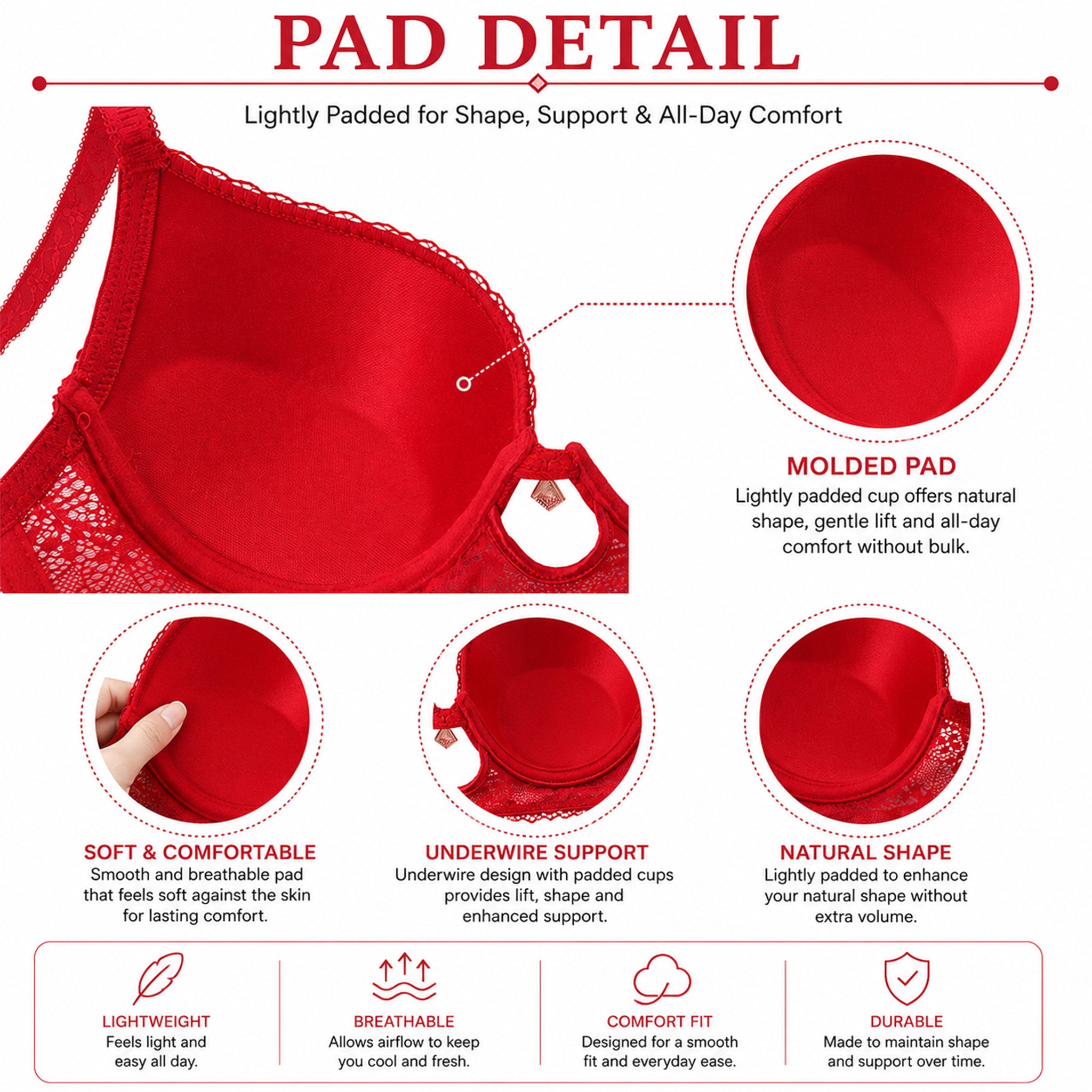 Women's Red Floral Lace Padded Underwired Bra with Comfortable Full Coverage