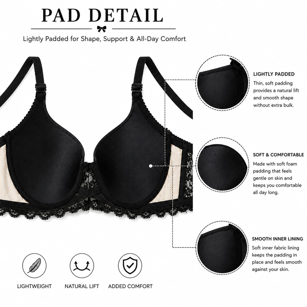 Women's Black & Silver Floral Lace Padded Underwired Bra with Comfortable Full Coverage (Copy)