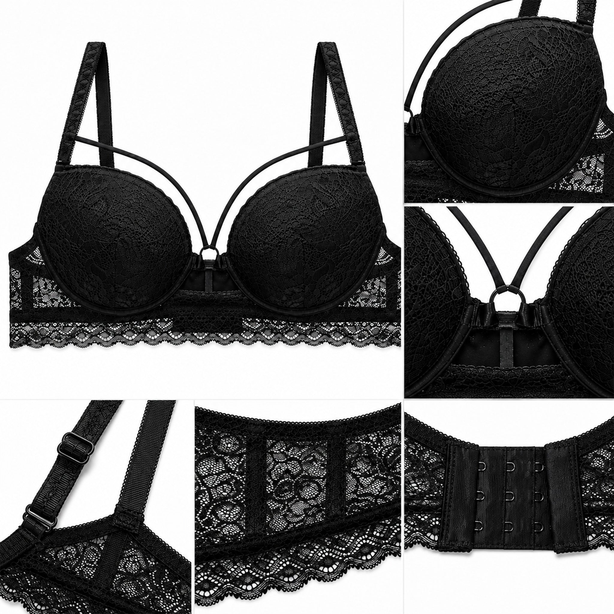 Women’s Lace Underwired Padded Bra & High-Waist Panty Lingerie Set – Black