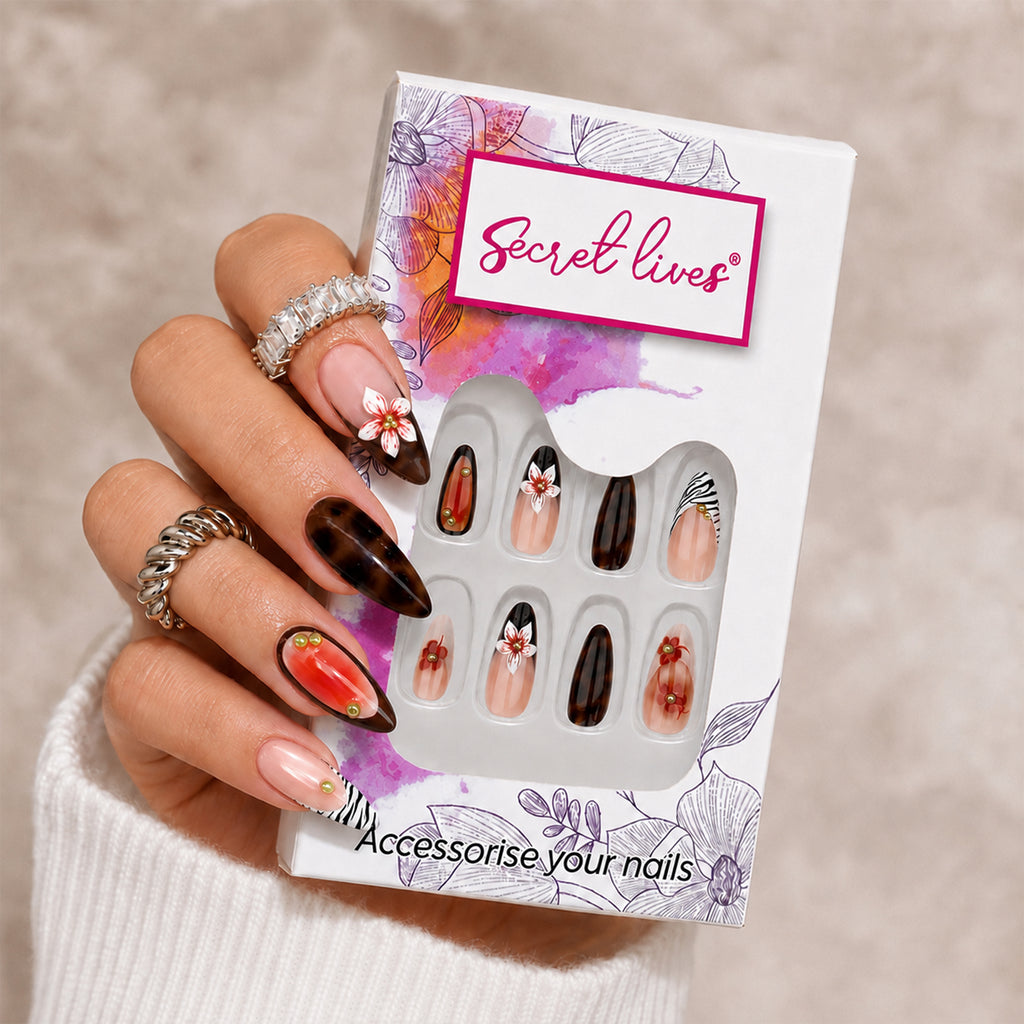 Almond Press-On Nails – 24-Piece 3D Flower & Tortoiseshell Nail Set