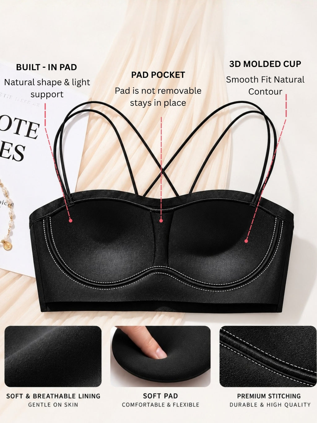 Secret Lives Women's Cross Strap Bralette Bra – Full Coverage, Lightly Padded, Non-Wired