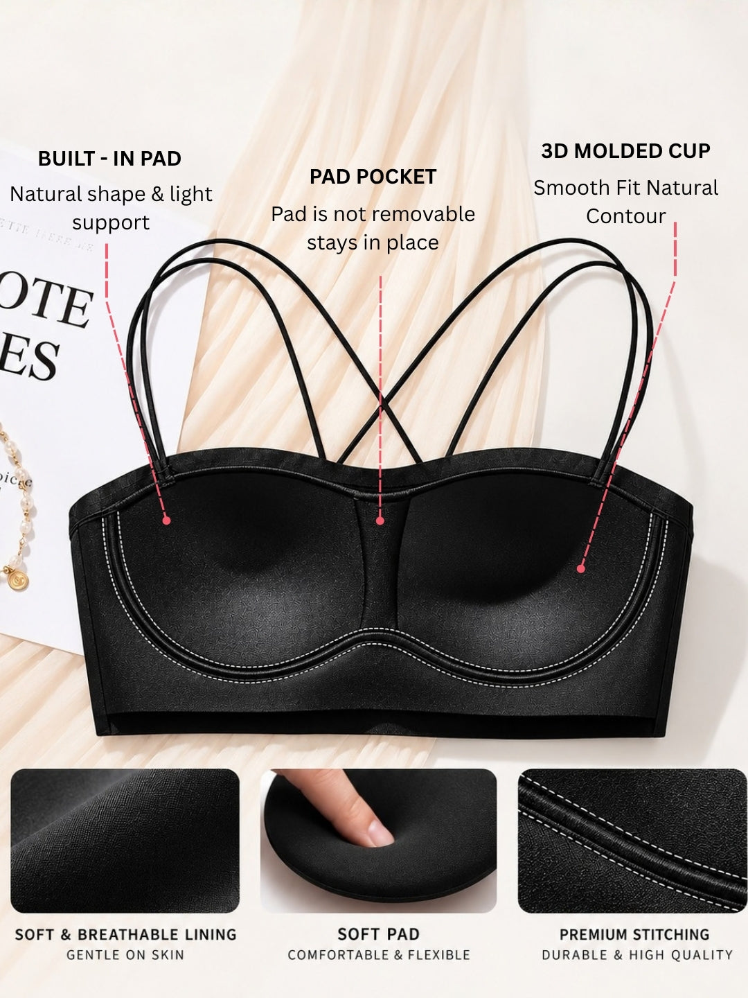 Secret Lives Women's Cross Strap Bralette Bra – Full Coverage, Lightly Padded, Non-Wired