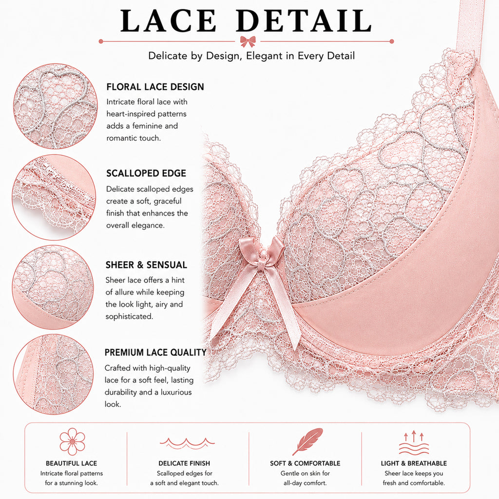 Women’s Floral Lace Underwired Padded Bra & Thong Lingerie Set – Baby Pink