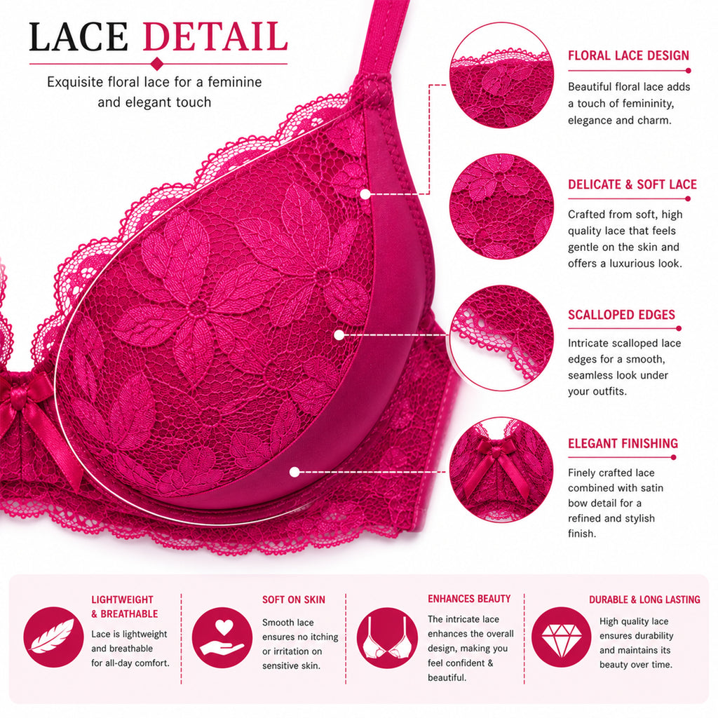 Women's Floral Lace Padded Underwired Bra with Comfortable Full Coverage - Red
