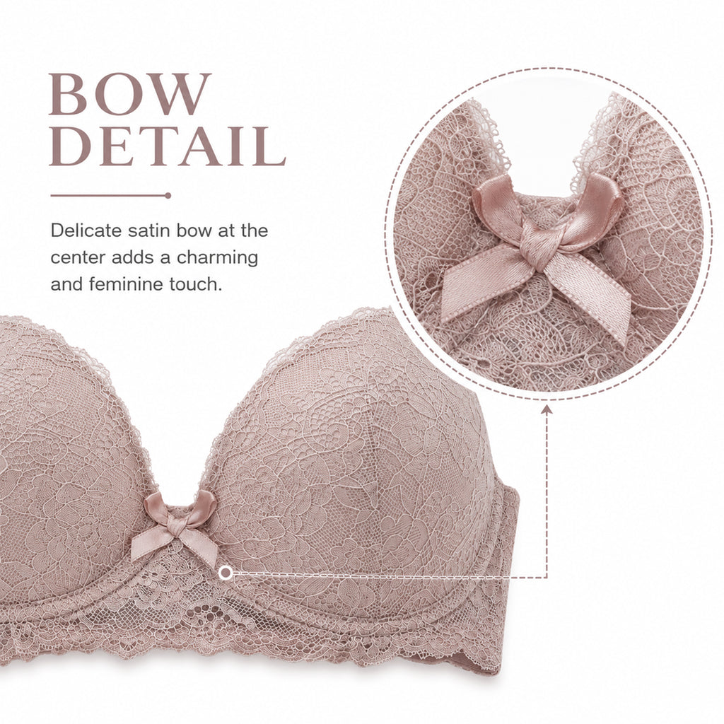 Women's Premium Cream Self-Design Floral Lace Underwired Heavily Padded Medium Coverage Bra with Adjustable Straps