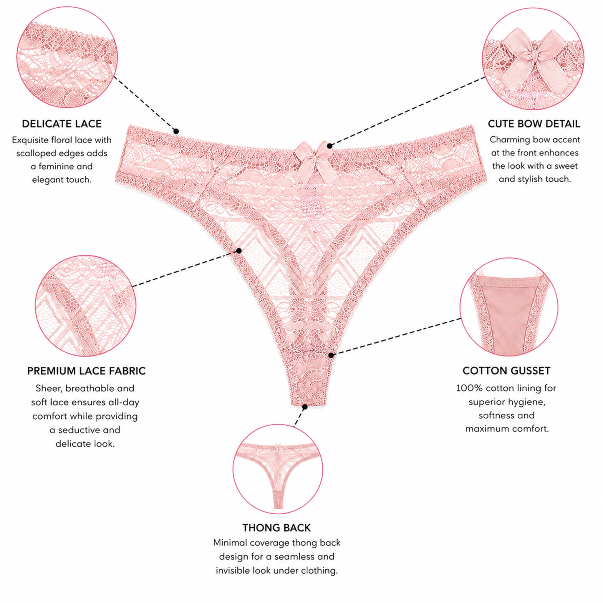 Women's Floral Lace Thong Panty – Soft Stretch, Breathable & Comfortable Everyday Wear - Pink