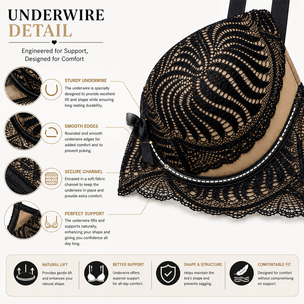 Women's Black & Beige Floral Lace Padded Underwired Bra with Comfortable Full Coverage