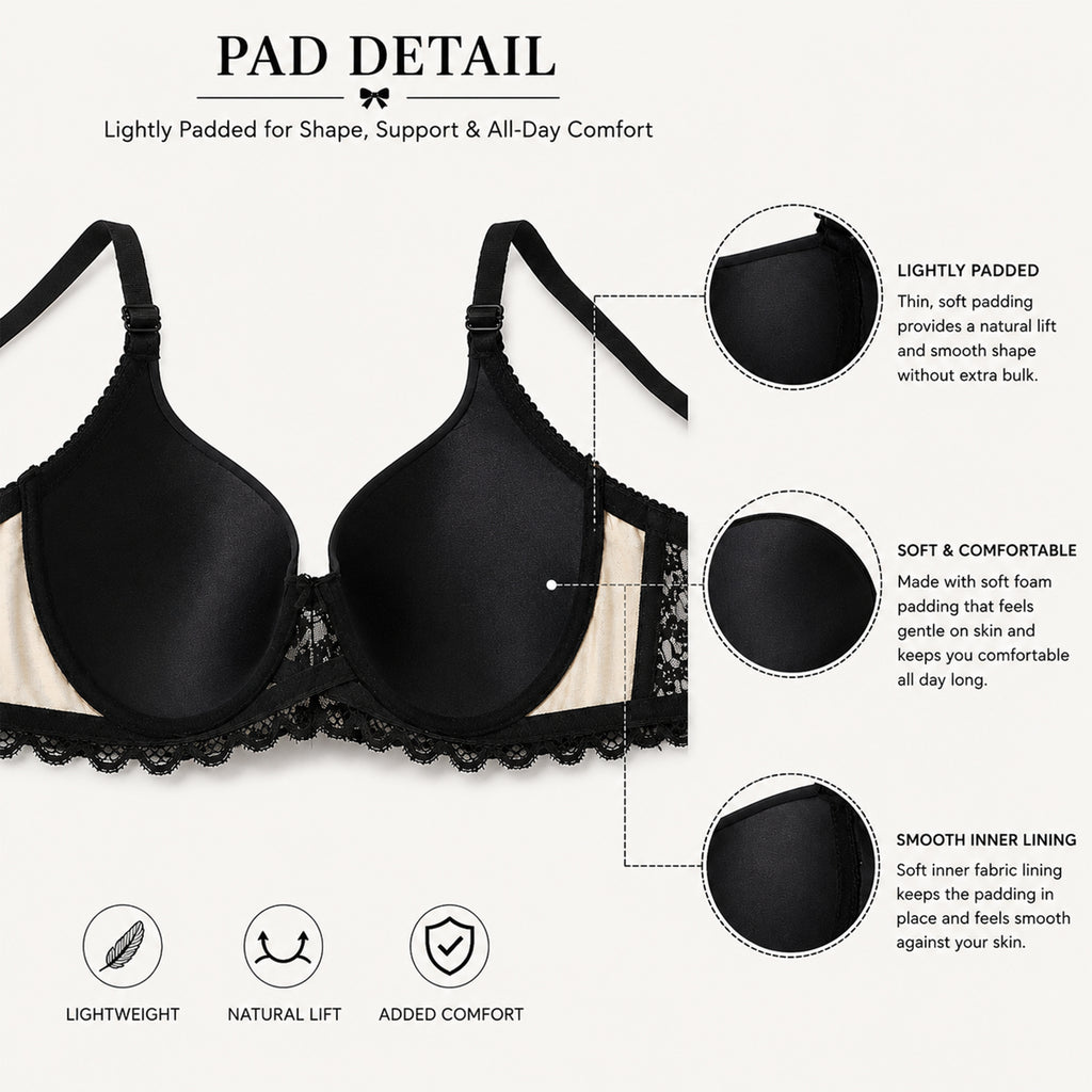 Women’s Floral Lace Underwired Padded Bra & Panty Lingerie Set – Black